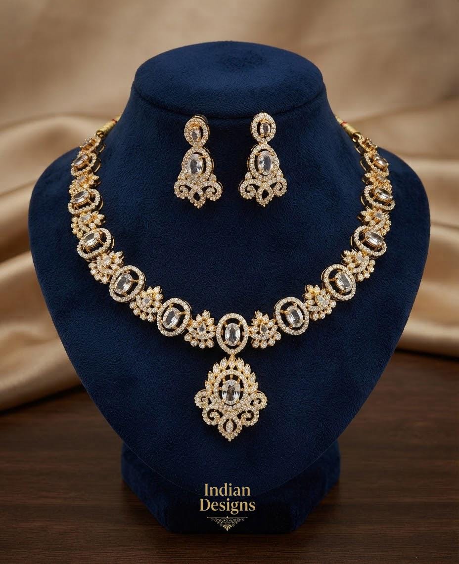 Indian CZ Necklace Set with Earrings| Gold Tone American Diamond Choker Necklace| South Indian Wedding Jewelry| Bridal Party wear choker set