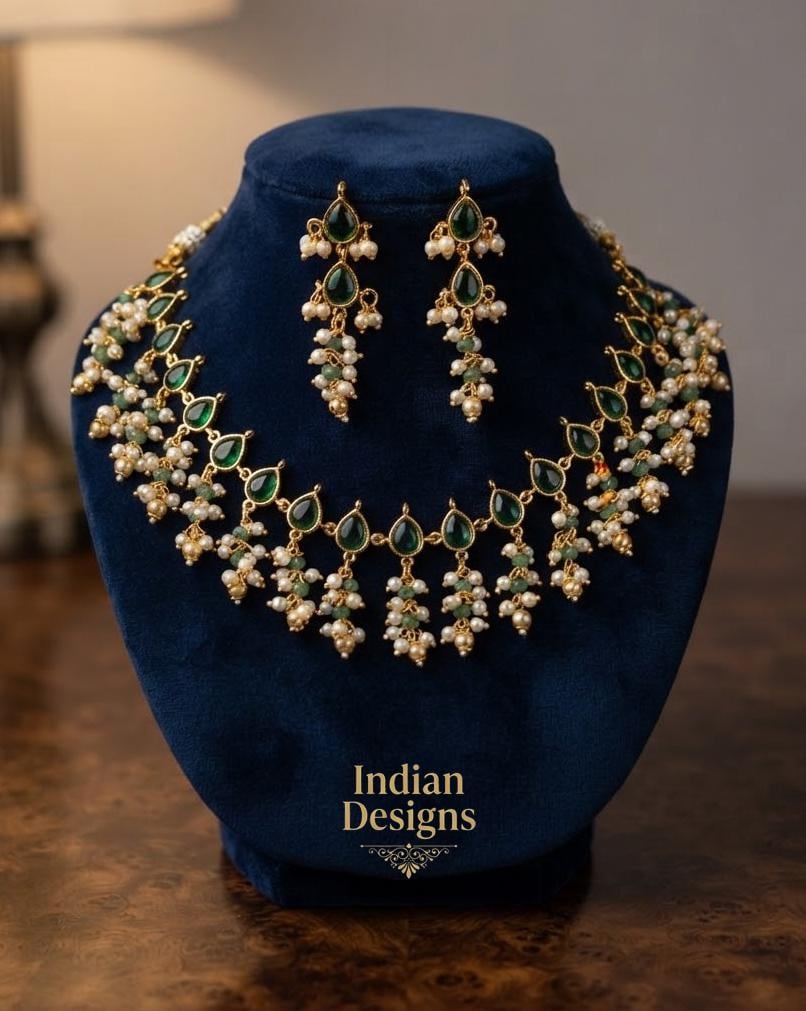South Indian Guttapusalu Pearl Choker Necklace| Wedding Festive Saree Jewelry| Ruby Green Temple Jewelry| Gift for her