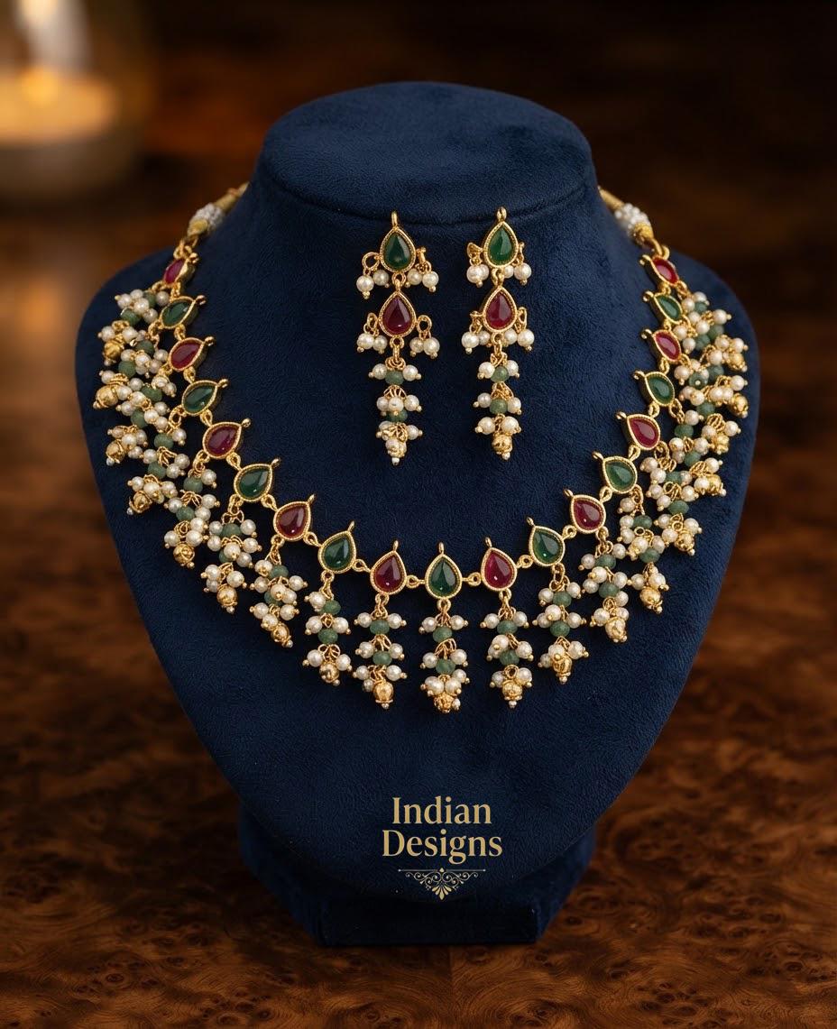 South Indian Guttapusalu Pearl Choker Necklace| Wedding Festive Saree Jewelry| Ruby Green Temple Jewelry| Gift for her