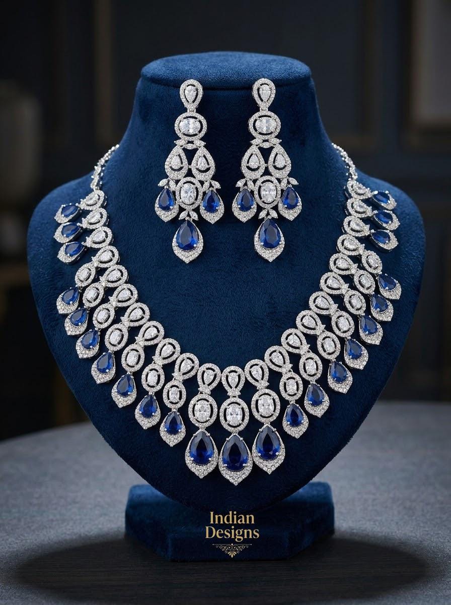 Emerald Green CZ Diamond Necklace Set| Indian Bridal Choker with Earrings| Bollywood Wedding Jewelry| Statement American Diamond Silver Set