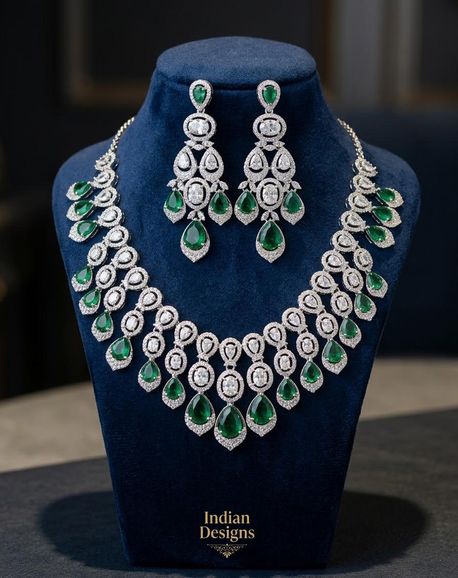 Emerald Green CZ Diamond Necklace Set| Indian Bridal Choker with Earrings| Bollywood Wedding Jewelry| Statement American Diamond Silver Set