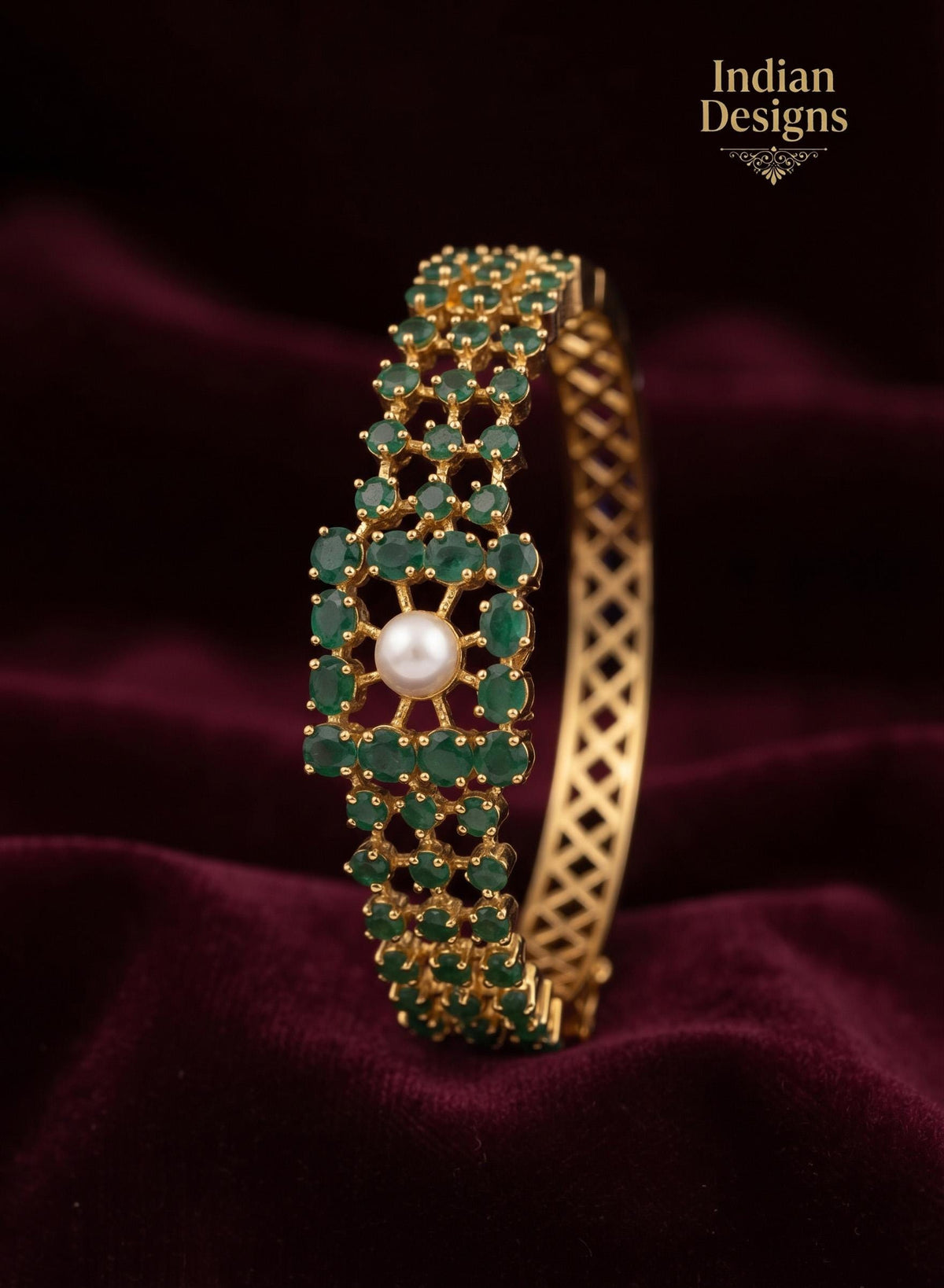 Openable pearl bangle| Indian AD stone Pearl Bangle Set|22k Gold Plated Kada Bracelet| Wedding Jewelry Gift for Her| Ruby Emerald Bangle