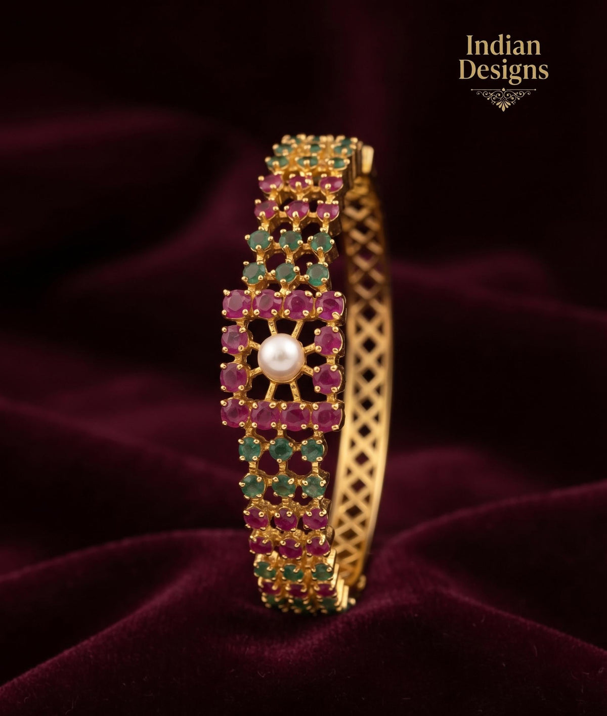 Openable pearl bangle| Indian AD stone Pearl Bangle Set|22k Gold Plated Kada Bracelet| Wedding Jewelry Gift for Her| Ruby Emerald Bangle