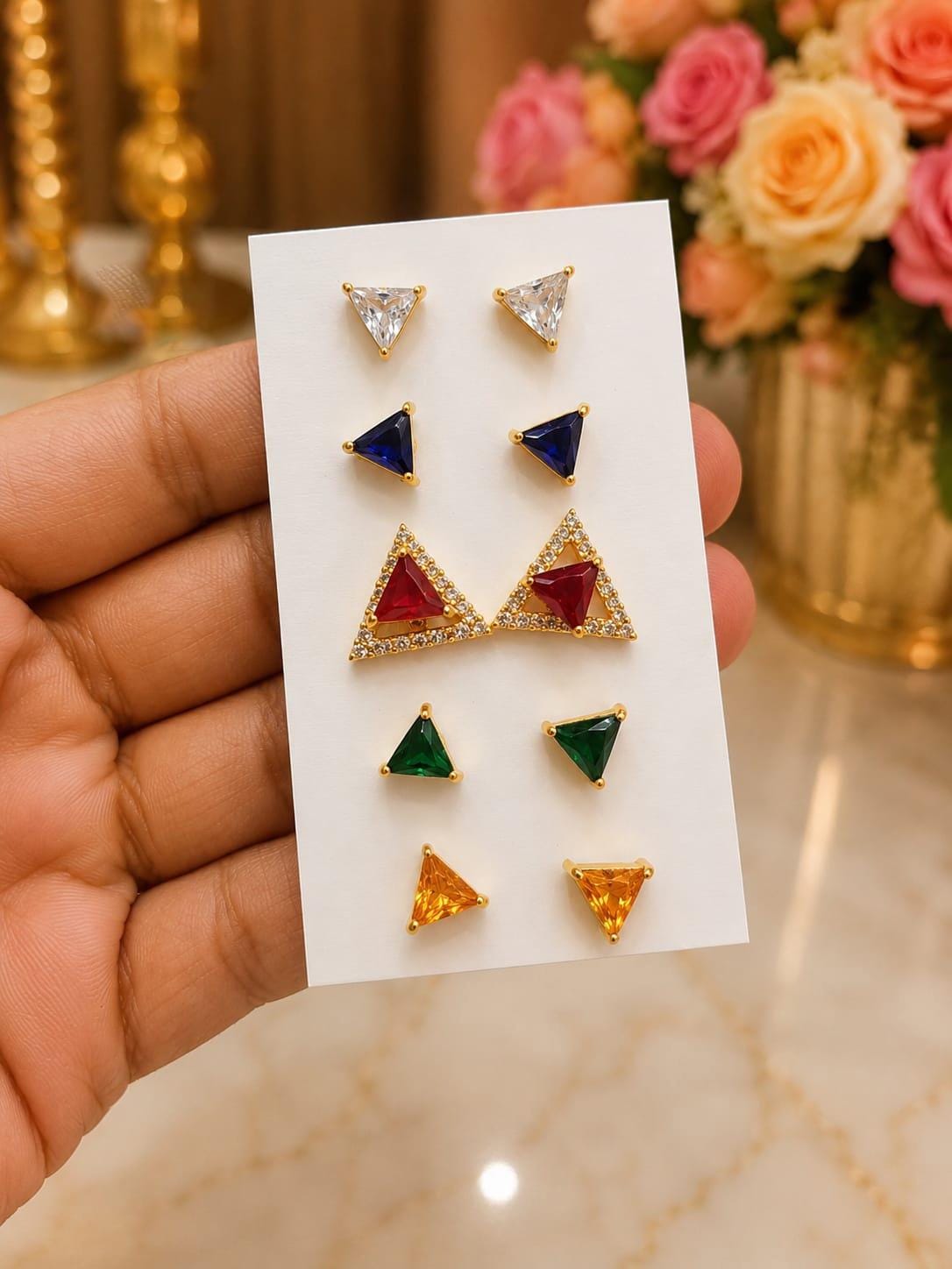 5 Pairs Gold Tone Stud Earrings Set| Changeable Multicolor CZ American Diamond Studs| Dainty Indian Ethnic Everyday Jewelry| Gift for her