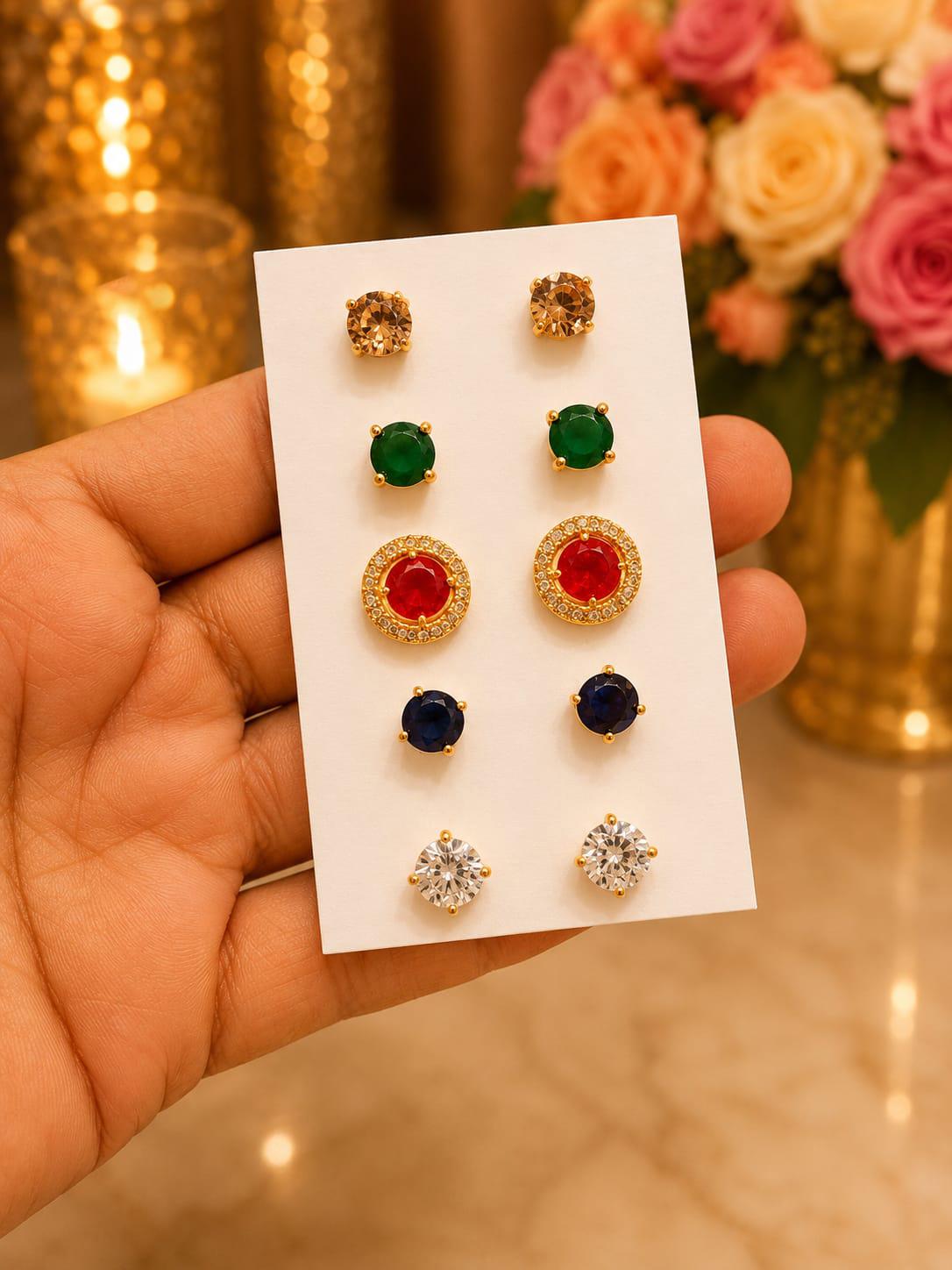 5 Pairs Gold Tone Stud Earrings Set| Changeable Multicolor CZ American Diamond Studs| Dainty Indian Ethnic Everyday Jewelry| Gift for her