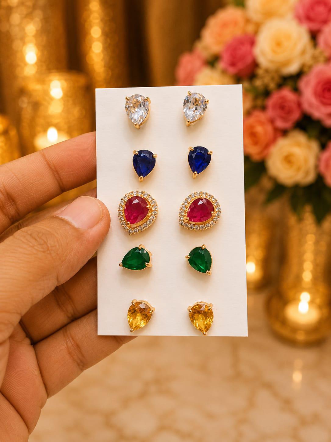 5 Pairs Gold Tone Stud Earrings Set| Changeable Multicolor CZ American Diamond Studs| Dainty Indian Ethnic Everyday Jewelry| Gift for her