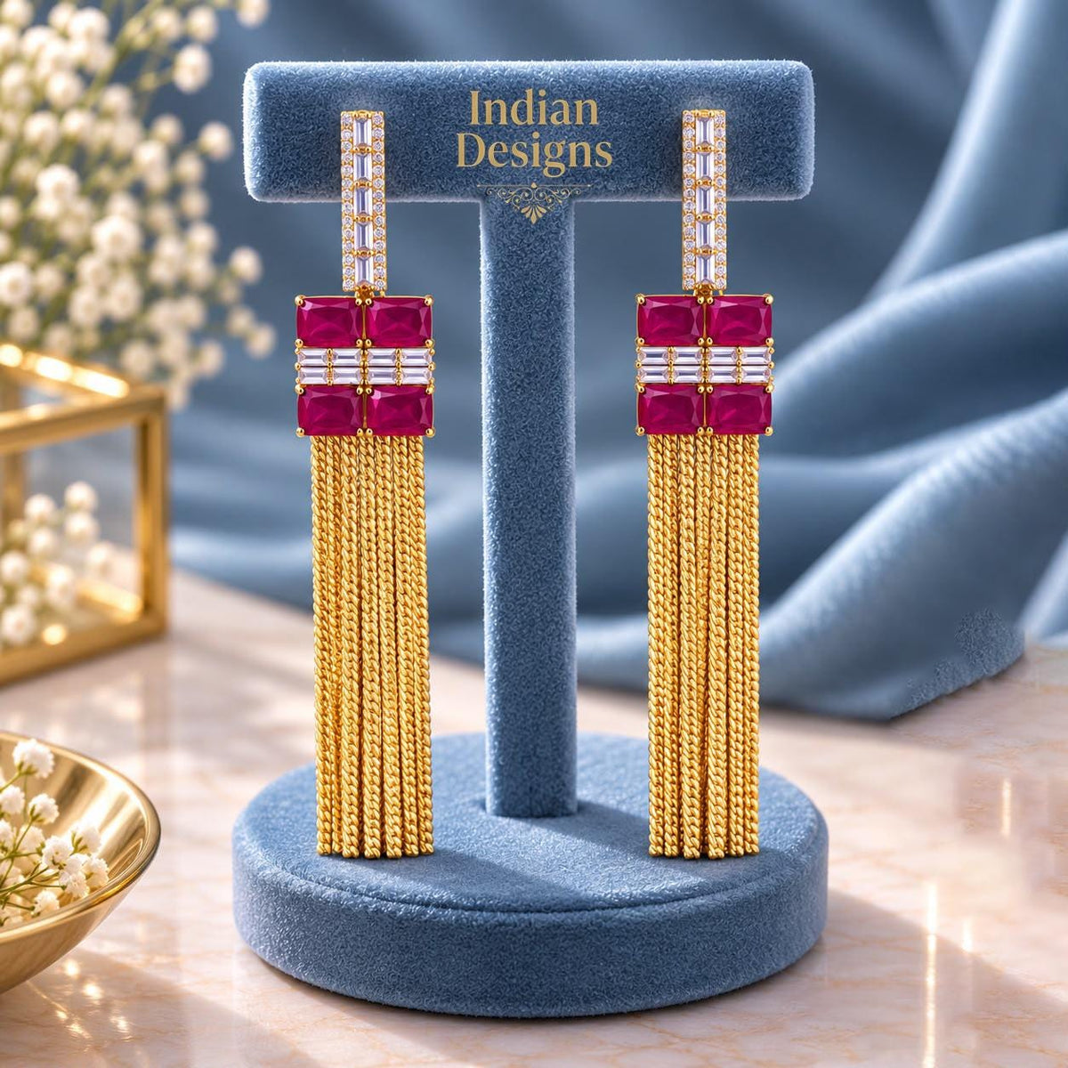 Gold Chain Tassel Drop Earrings| Bridal Statement Earrings| Baguette CZ Geometric Chandelier Earrings| Modern Indian Wedding Party Jewelry