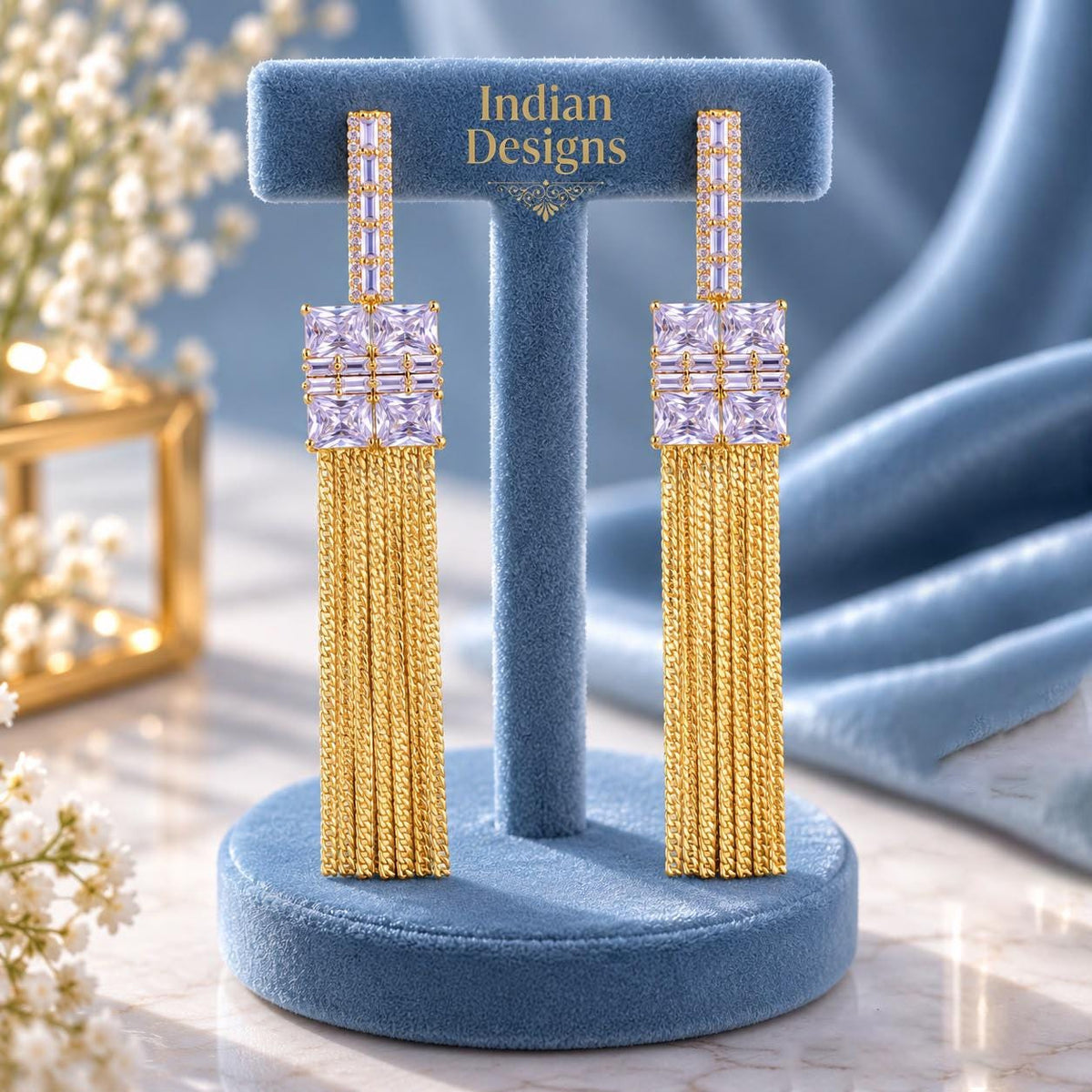 Gold Chain Tassel Drop Earrings| Bridal Statement Earrings| Baguette CZ Geometric Chandelier Earrings| Modern Indian Wedding Party Jewelry