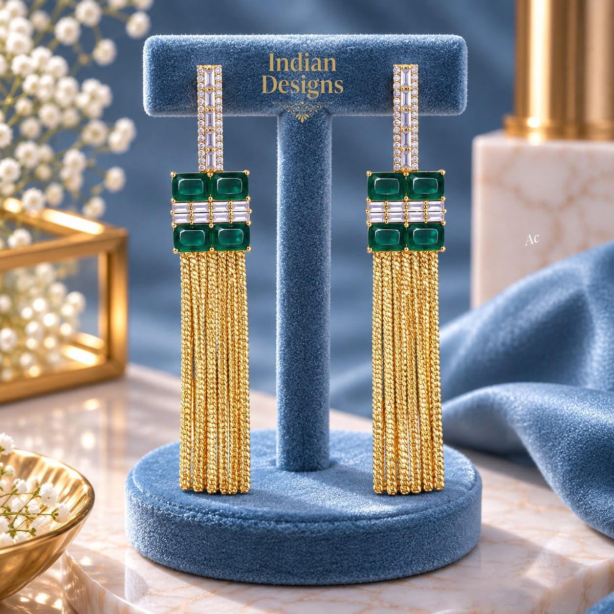 Gold Chain Tassel Drop Earrings| Bridal Statement Earrings| Baguette CZ Geometric Chandelier Earrings| Modern Indian Wedding Party Jewelry