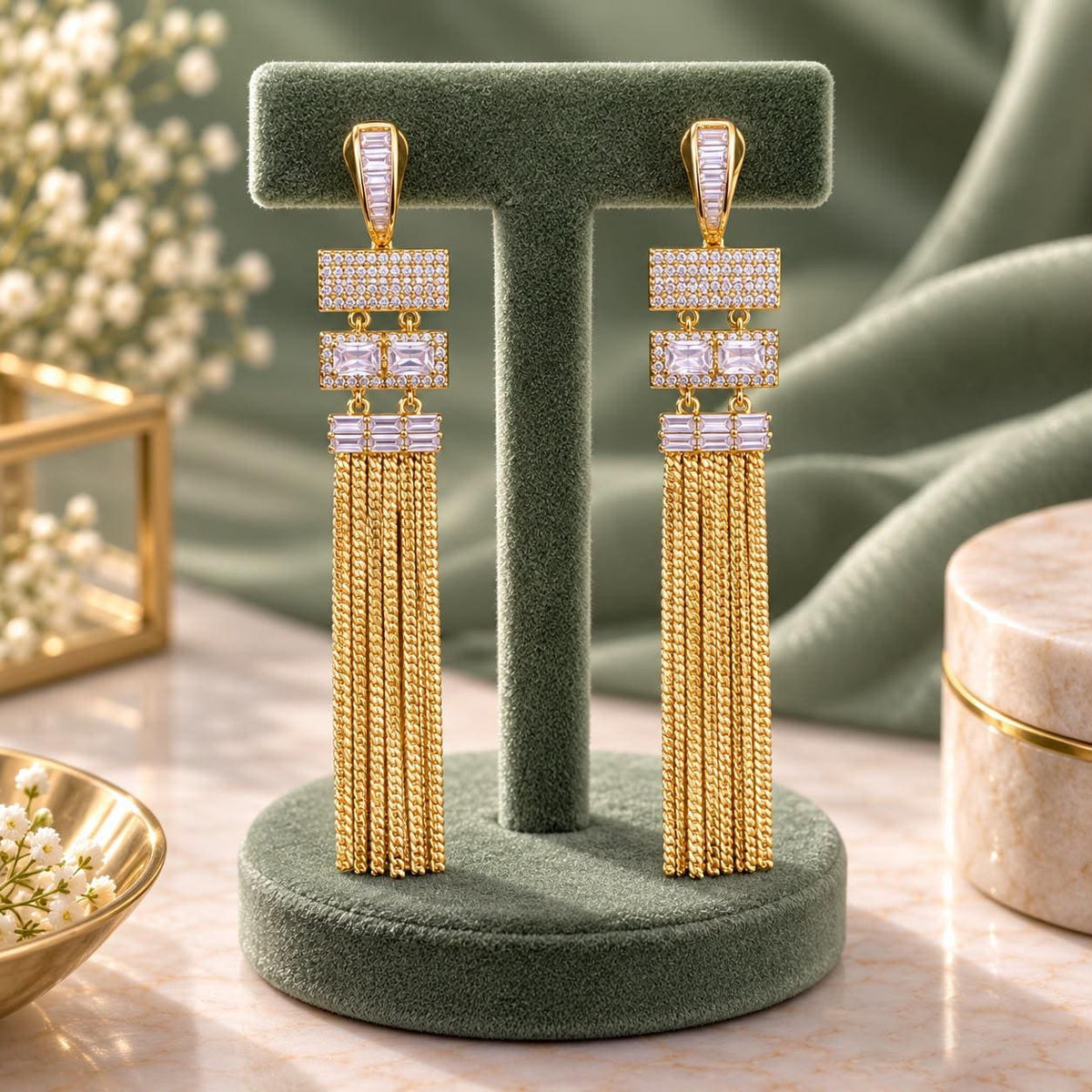 Gold Chain Tassel Drop Earrings| Bridal Statement Earrings| Baguette CZ Geometric Chandelier Earrings| Modern Indian Wedding Party Jewelry