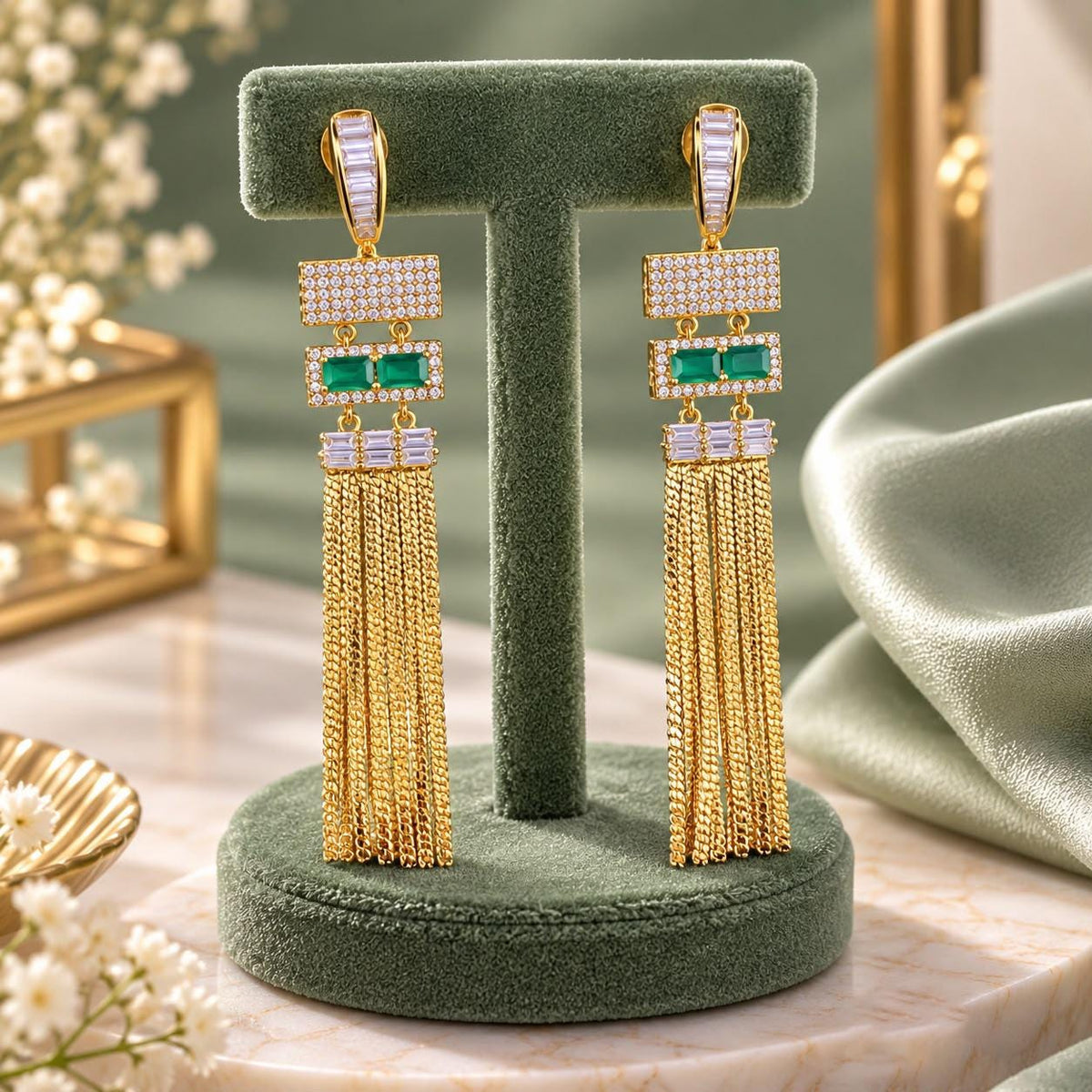 Gold Chain Tassel Drop Earrings| Bridal Statement Earrings| Baguette CZ Geometric Chandelier Earrings| Modern Indian Wedding Party Jewelry