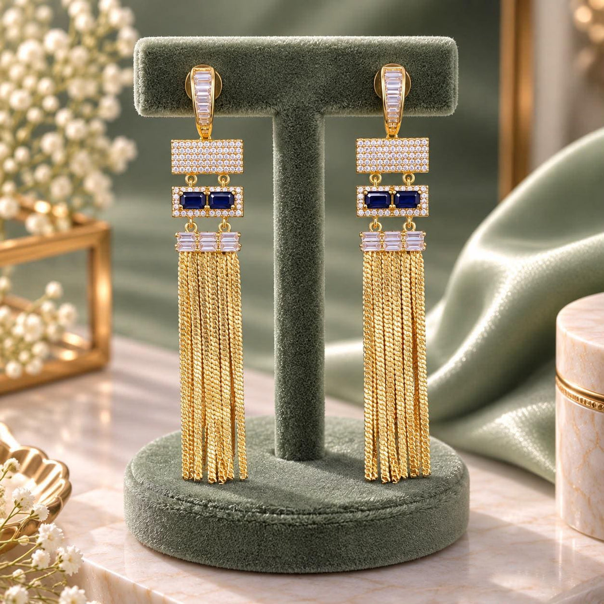 Gold Chain Tassel Drop Earrings| Bridal Statement Earrings| Baguette CZ Geometric Chandelier Earrings| Modern Indian Wedding Party Jewelry