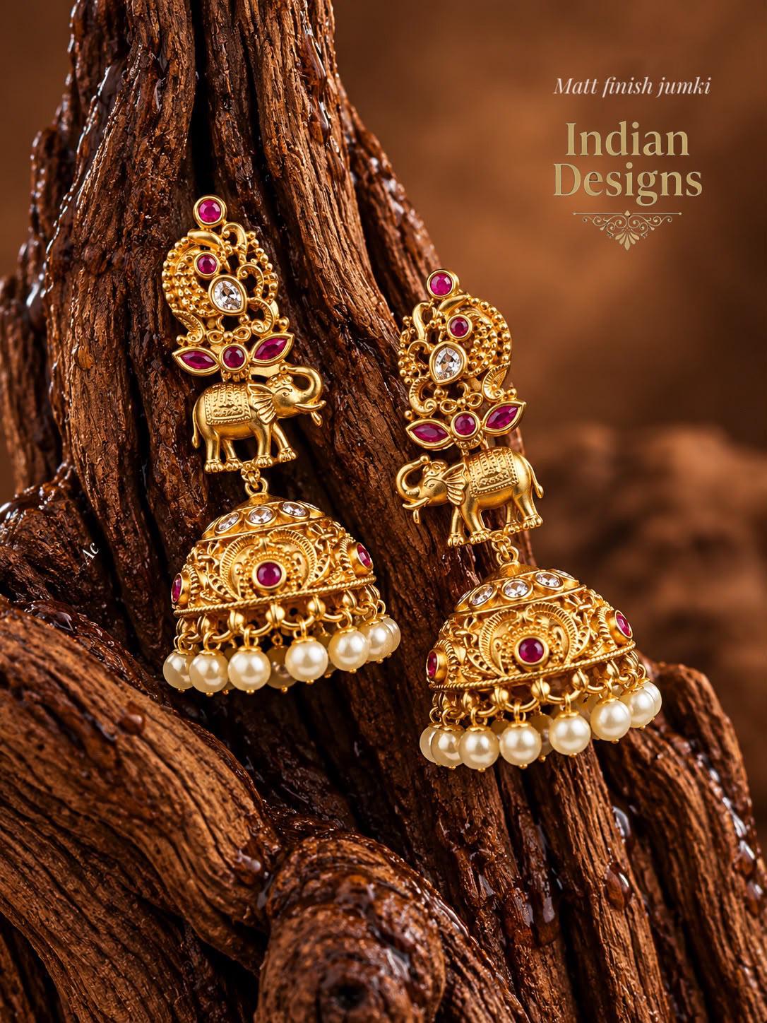 Antique Matte Gold Elephant Jhumka Earrings| Indian Temple Jewelry|Kemp Stone & Pearl Jumkas| South Indian Bridal Drop Earrings gift for her