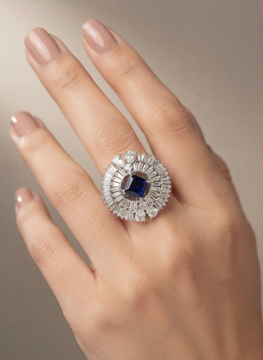 Silver Tone Cocktail Ring| Indian Statement Ring| Baguette CZ Sunburst Ring| Big Ethnic Party Ring| South Asian Wedding Guest Jewelry