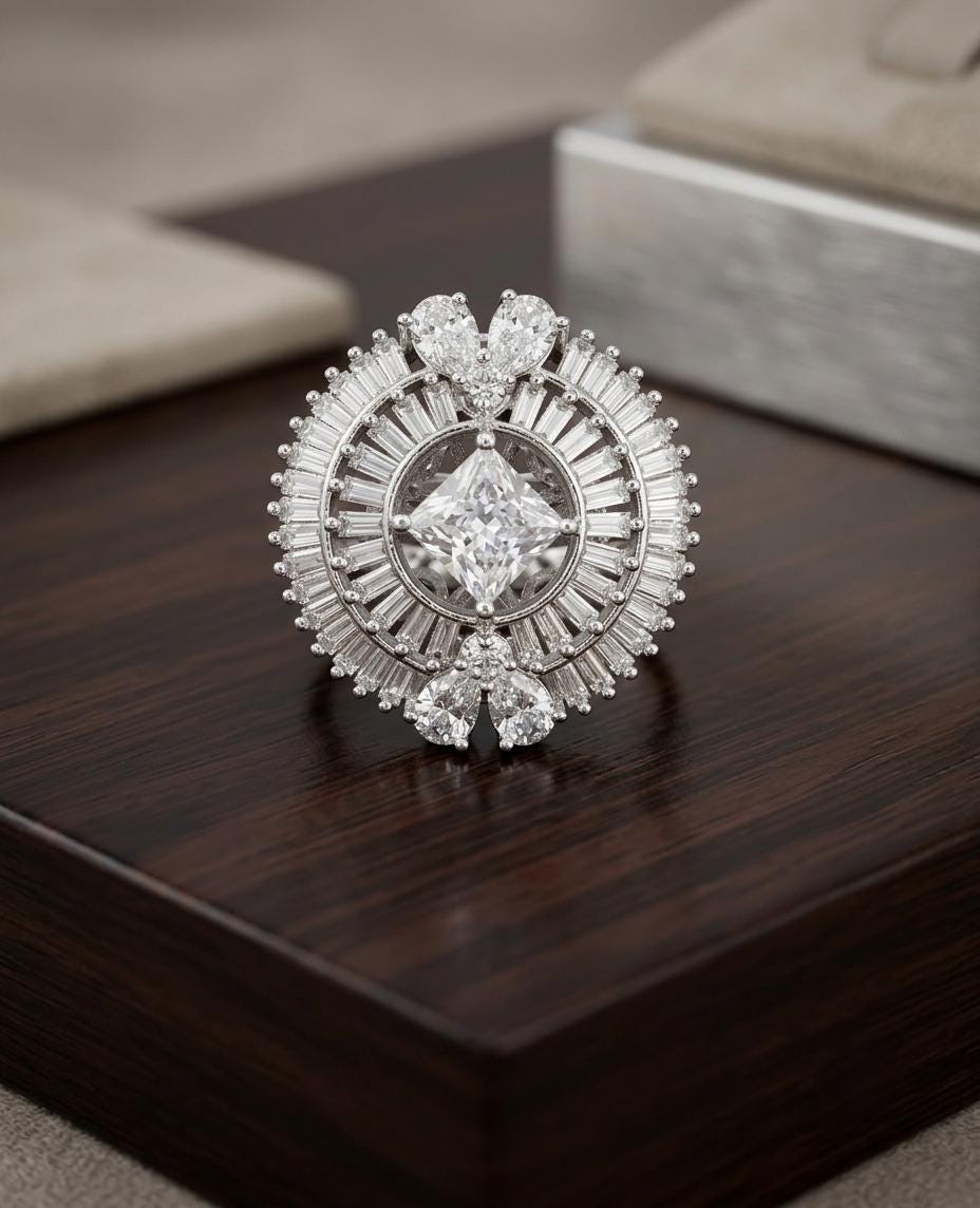 Silver Tone Cocktail Ring| Indian Statement Ring| Baguette CZ Sunburst Ring| Big Ethnic Party Ring| South Asian Wedding Guest Jewelry