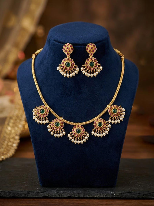 South Indian Temple Jewelry Necklace Set, Antique Matte Gold Choker with Ruby Pink Green Kemp Stones & Pearl Drops, Matching Drop Earrings
