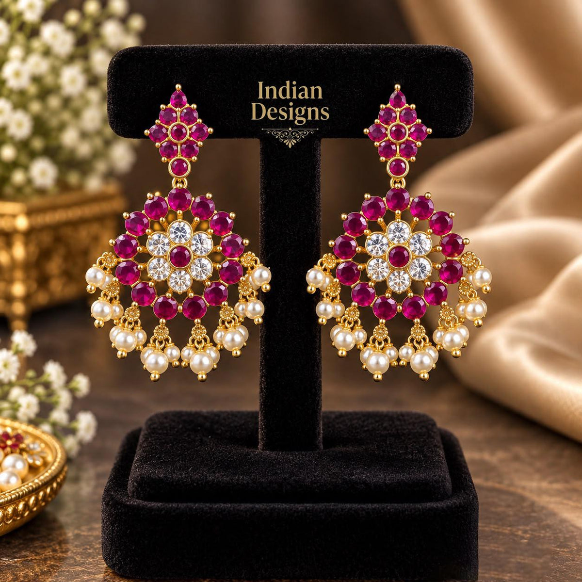 Indian Chandbali Earrings| Kemp Stone Floral Jhumka Earrings| Ruby Green Gold tone Bridal Jewelry| Traditional South Indian Temple Earrings