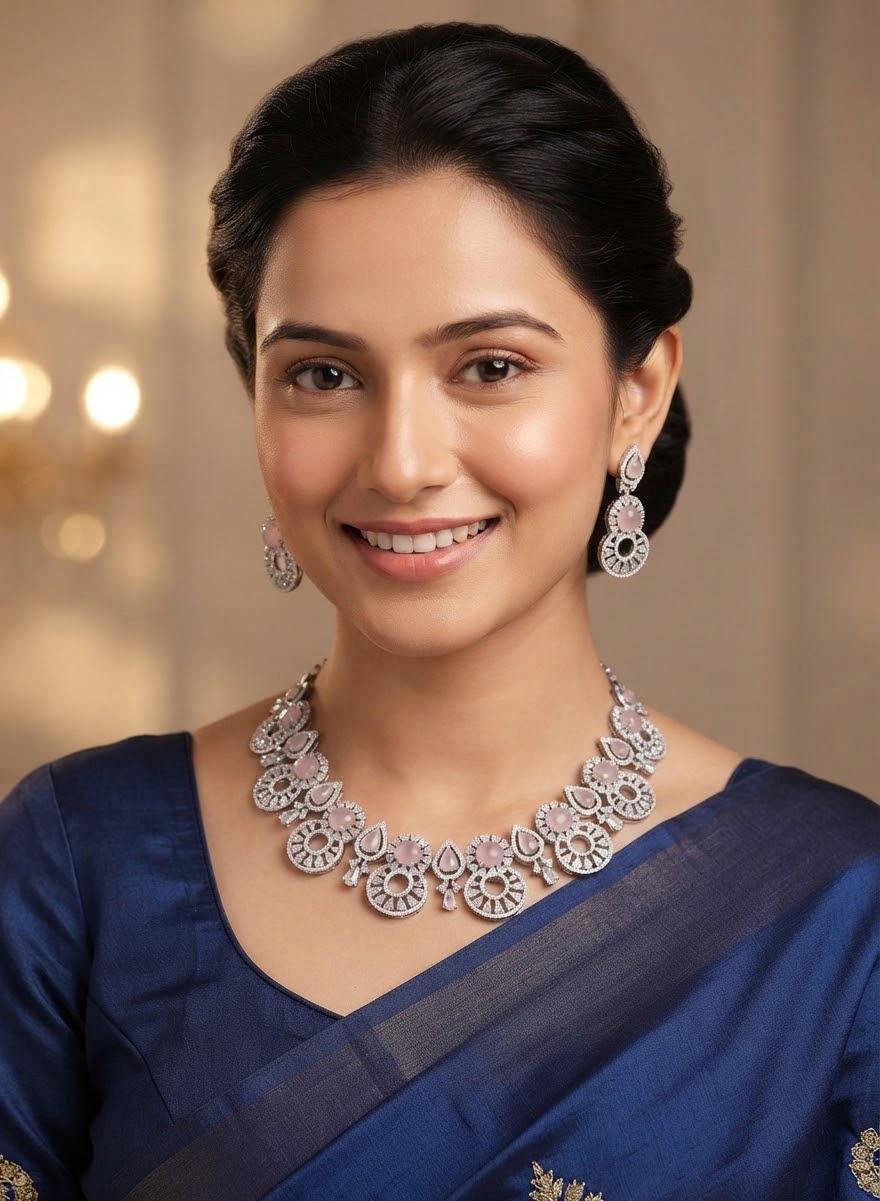 CZ Necklace Set Indian Bridal Jewelry| American Diamond Choker necklace| Statement necklace| AD stone silver Indian jewelry| Gif t for her