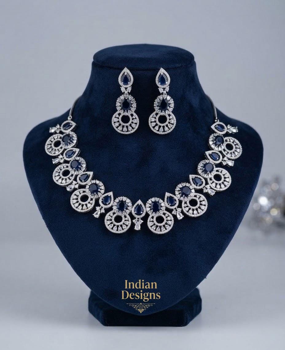 CZ Necklace Set Indian Bridal Jewelry| American Diamond Choker necklace| Statement necklace| AD stone silver Indian jewelry| Gif t for her