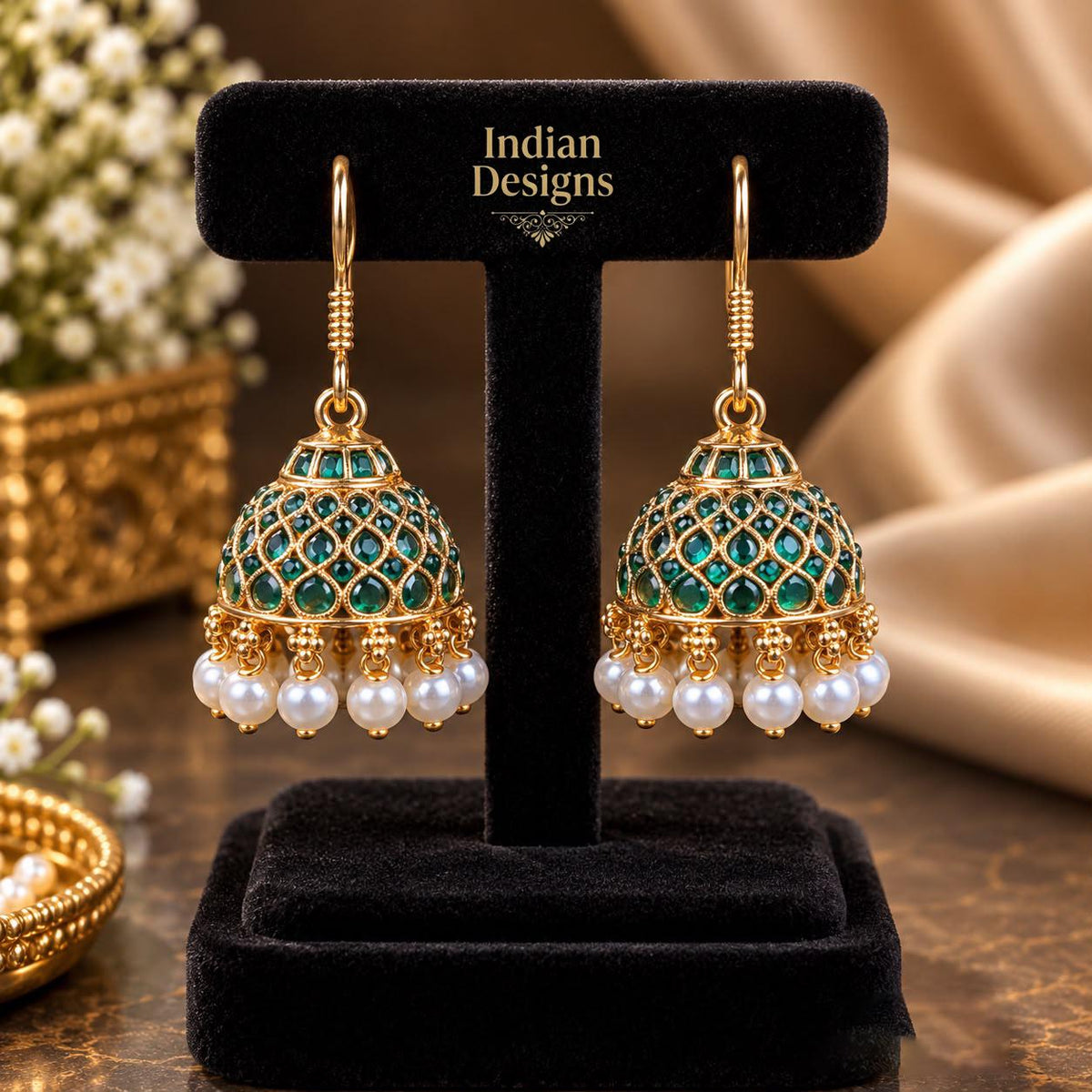 Indian Jhumka Earrings| Gold Tone Pearl Drop Earrings| Traditional Jhumki| Ethnic Wedding Jewelry| Festive Bell Drop Earrings for Women