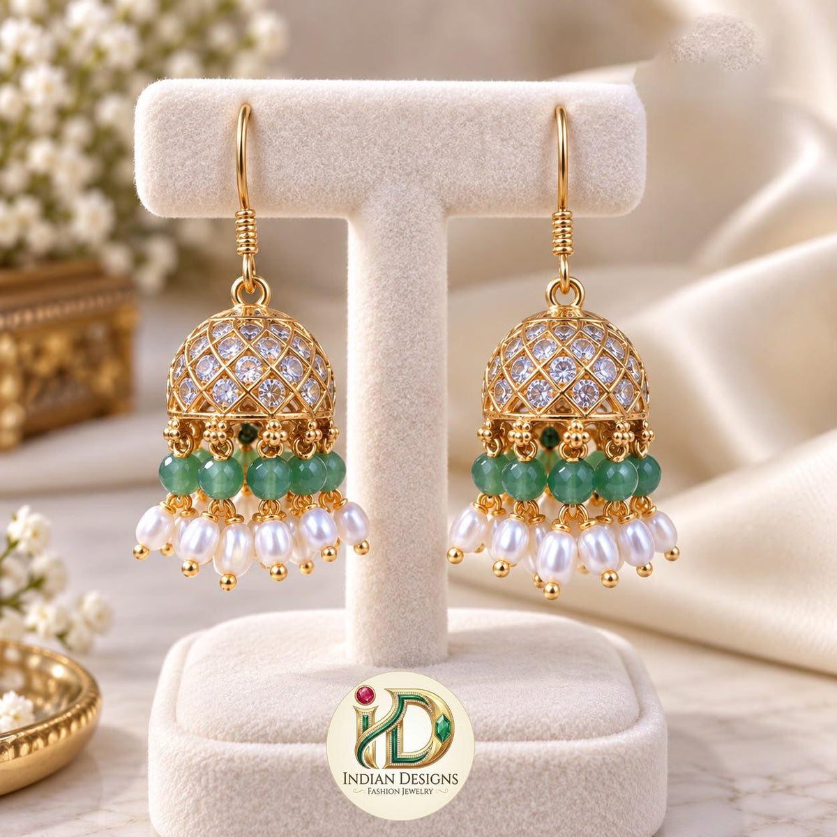 Indian Jhumka Earrings| Gold Tone Pearl Drop Earrings| Traditional Jhumki| Ethnic Wedding Jewelry| Festive Bell Drop Earrings for Women