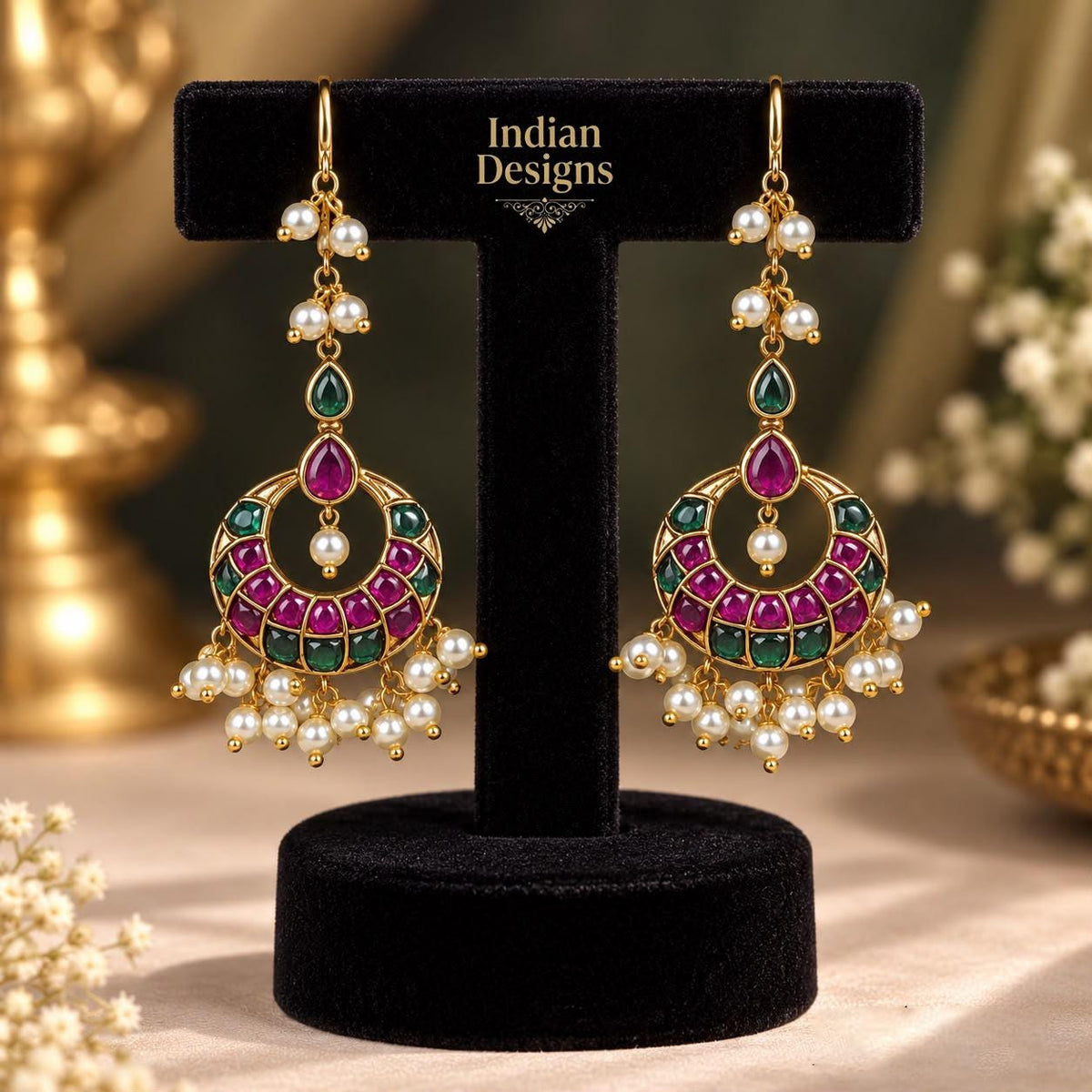 Indian Chandbali Earrings| Ruby Green Pearl Drop Jhumka| Gold Tone South Indian Chandelier Earrings| Ethnic Wedding Statement Jewelry