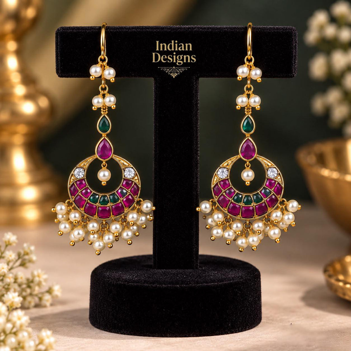 Indian Chandbali Earrings| Ruby Green Pearl Drop Jhumka| Gold Tone South Indian Chandelier Earrings| Ethnic Wedding Statement Jewelry