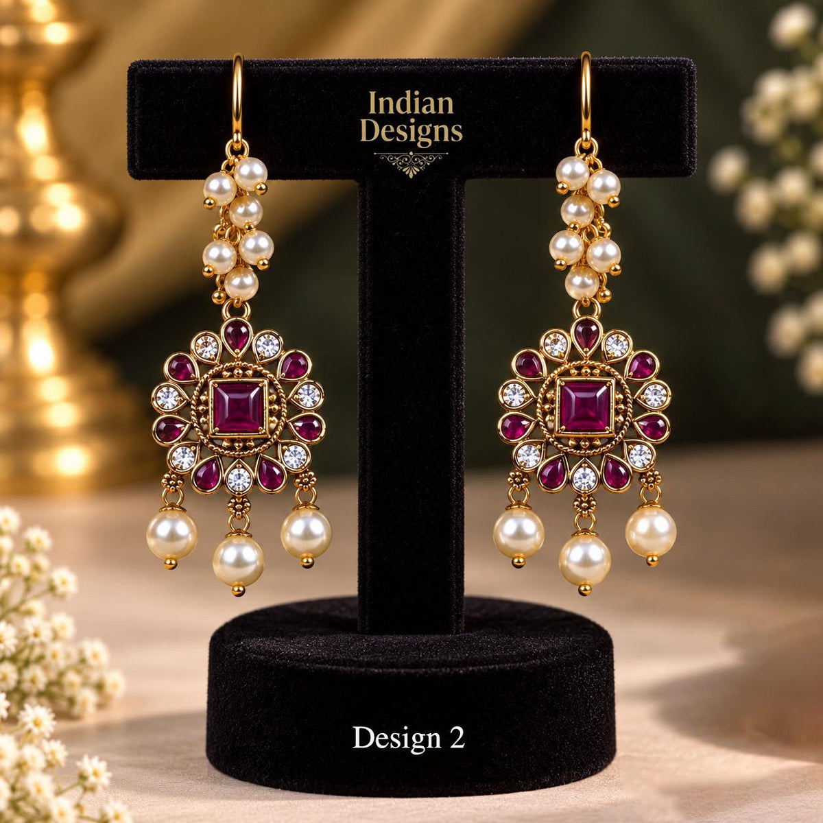 Indian Chandbali Earrings| Ruby Green Pearl Drop Jhumka| Gold Tone South Indian Chandelier Earrings| Ethnic Wedding Statement Jewelry