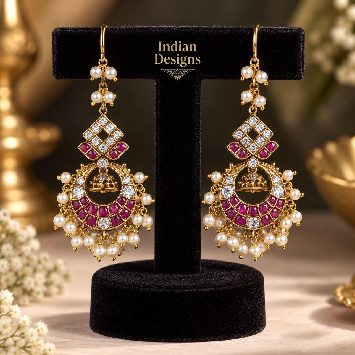 Indian Chandbali Earrings| Ruby Green Pearl Drop Jhumka| Gold Tone South Indian Chandelier Earrings| Ethnic Wedding Statement Jewelry