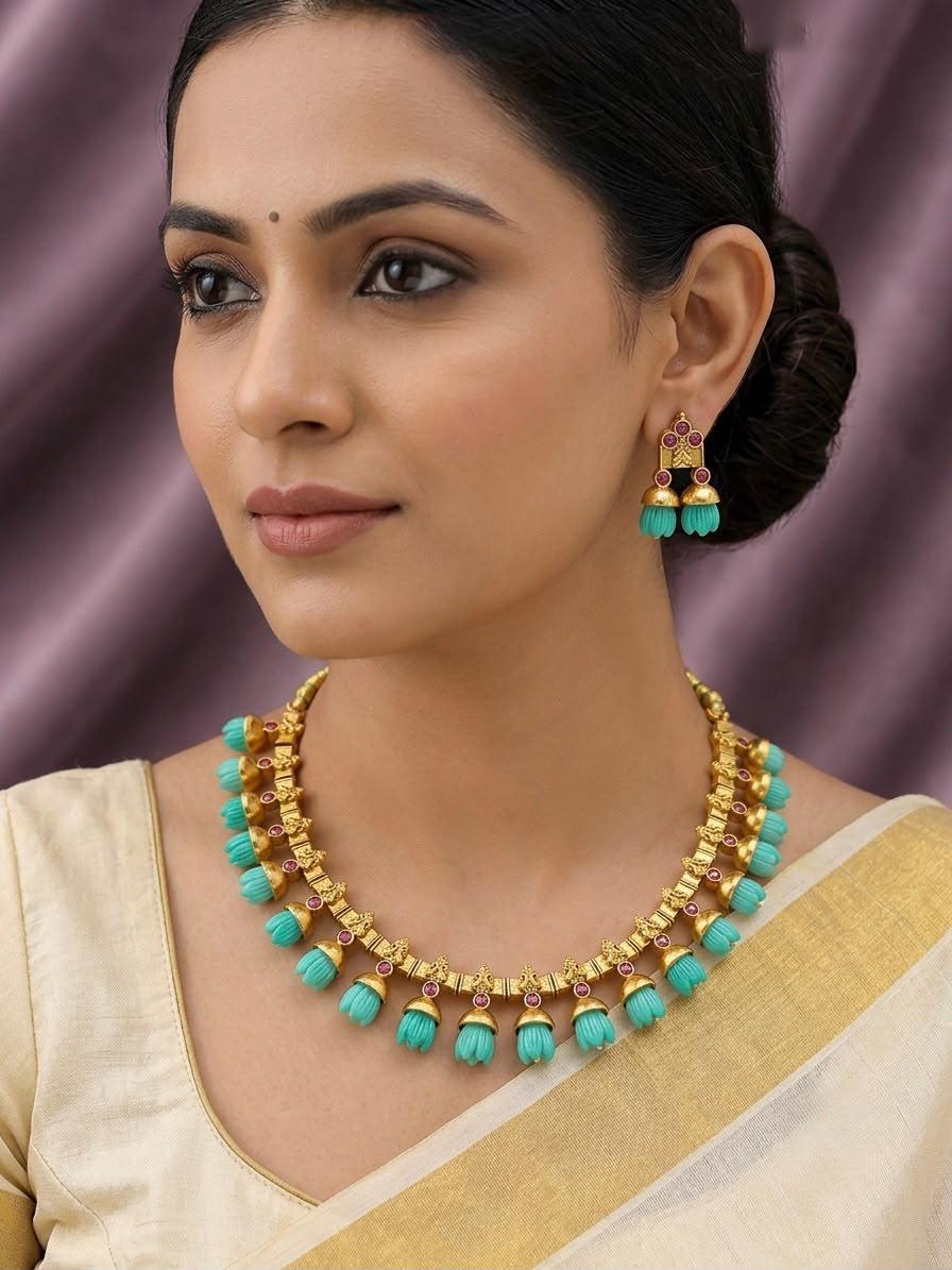 Indian Temple Necklace Set| Matte Gold Carved Tulip Flower Choker Earrings| South Indian Bridal Festive Jewelry| Traditional Ethnic Wear