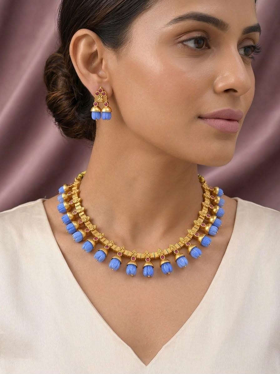Indian Temple Necklace Set| Matte Gold Carved Tulip Flower Choker Earrings| South Indian Bridal Festive Jewelry| Traditional Ethnic Wear