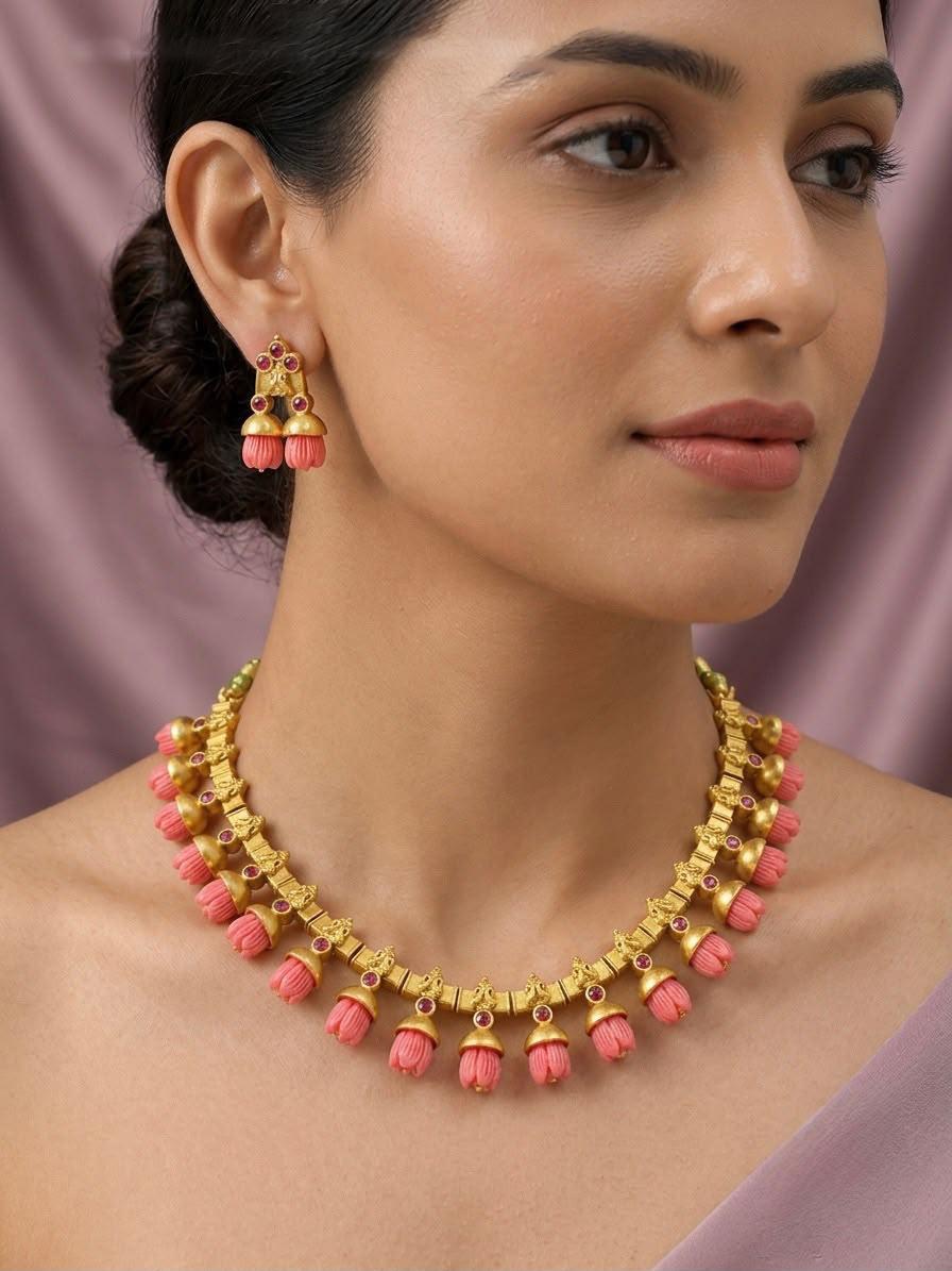 Indian Temple Necklace Set| Matte Gold Carved Tulip Flower Choker Earrings| South Indian Bridal Festive Jewelry| Traditional Ethnic Wear