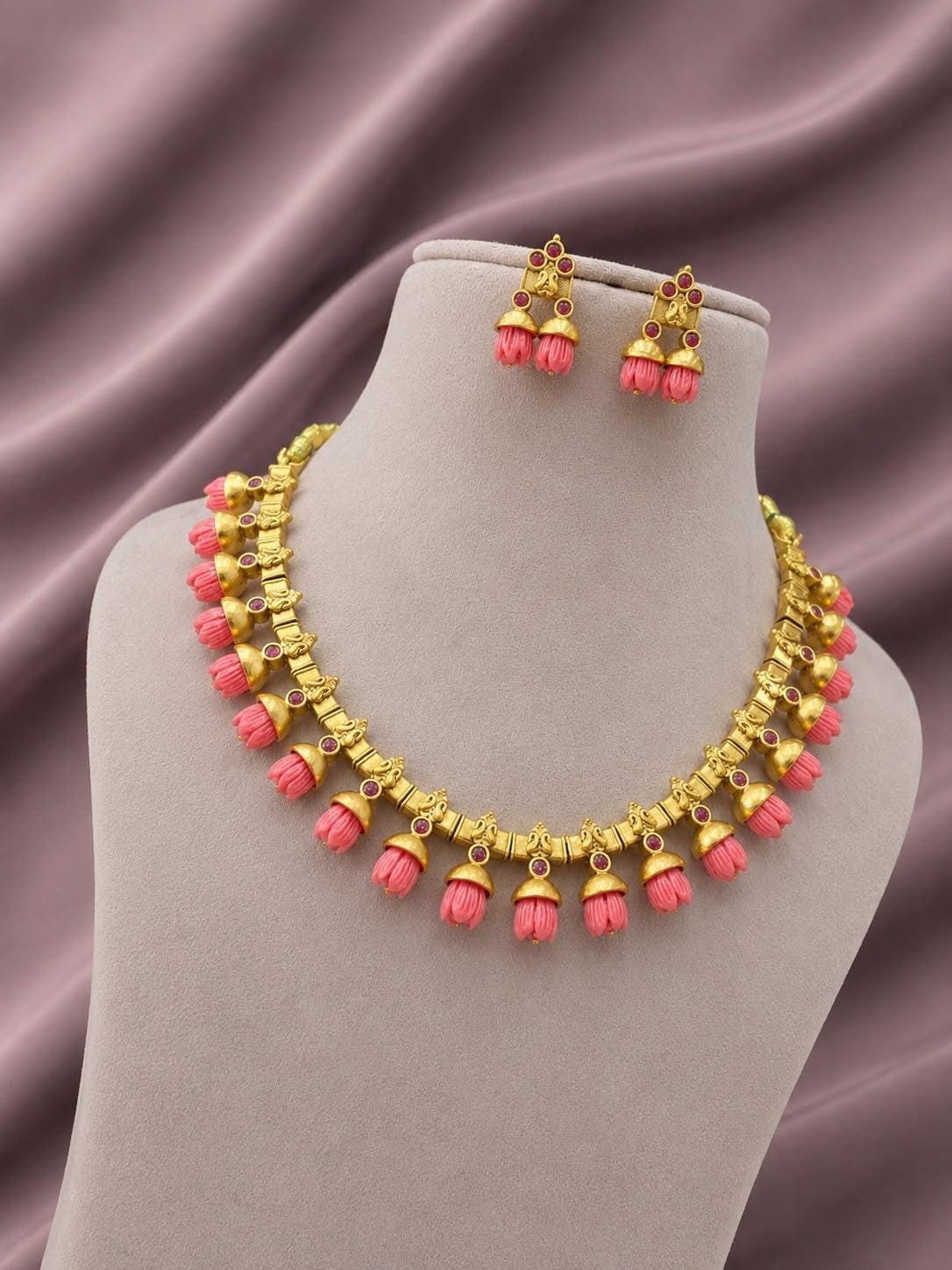 Indian Temple Necklace Set| Matte Gold Carved Tulip Flower Choker Earrings| South Indian Bridal Festive Jewelry| Traditional Ethnic Wear