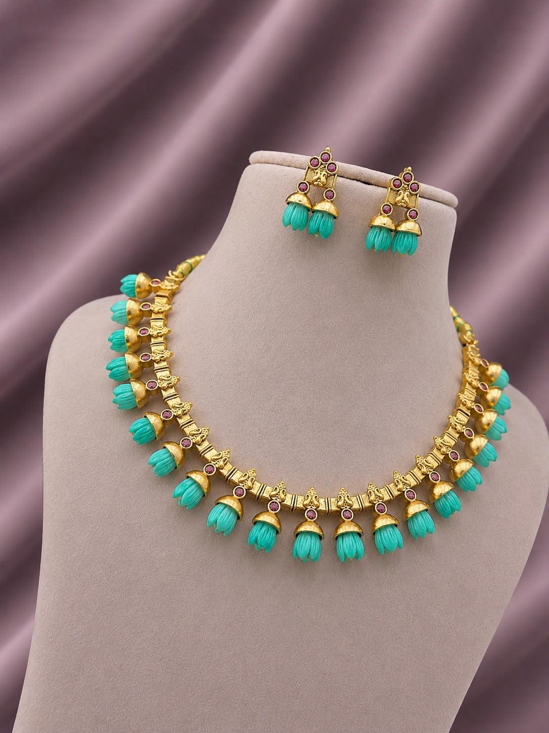 Indian Temple Necklace Set| Matte Gold Carved Tulip Flower Choker Earrings| South Indian Bridal Festive Jewelry| Traditional Ethnic Wear