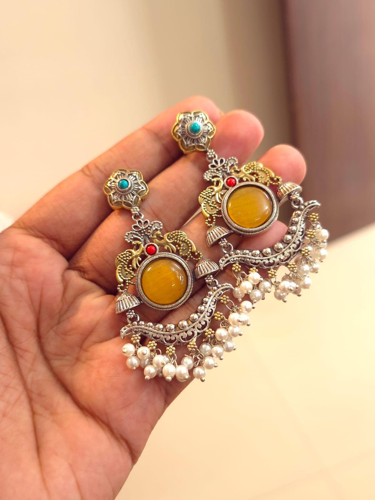 Dual tone Oxidized Silver Earrings| Indian Chandbali Earrings| Statement Earrings| Bollywood Style Earrings