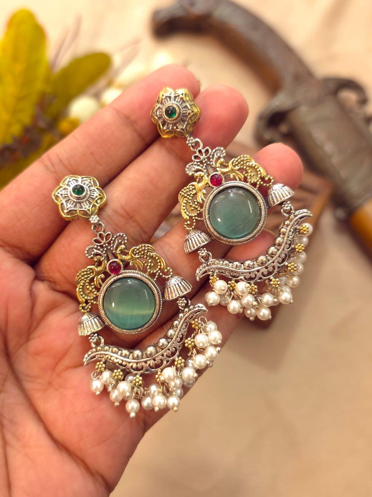 Dual tone Oxidized Silver Earrings| Indian Chandbali Earrings| Statement Earrings| Bollywood Style Earrings