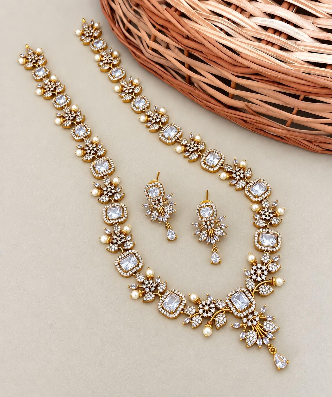 Indian CZ Long Necklace Set| South Indian Gold Tone Haram with Earrings| Bridal Temple Jewelry| Emerald Ruby AD stone Wedding Statement Haar