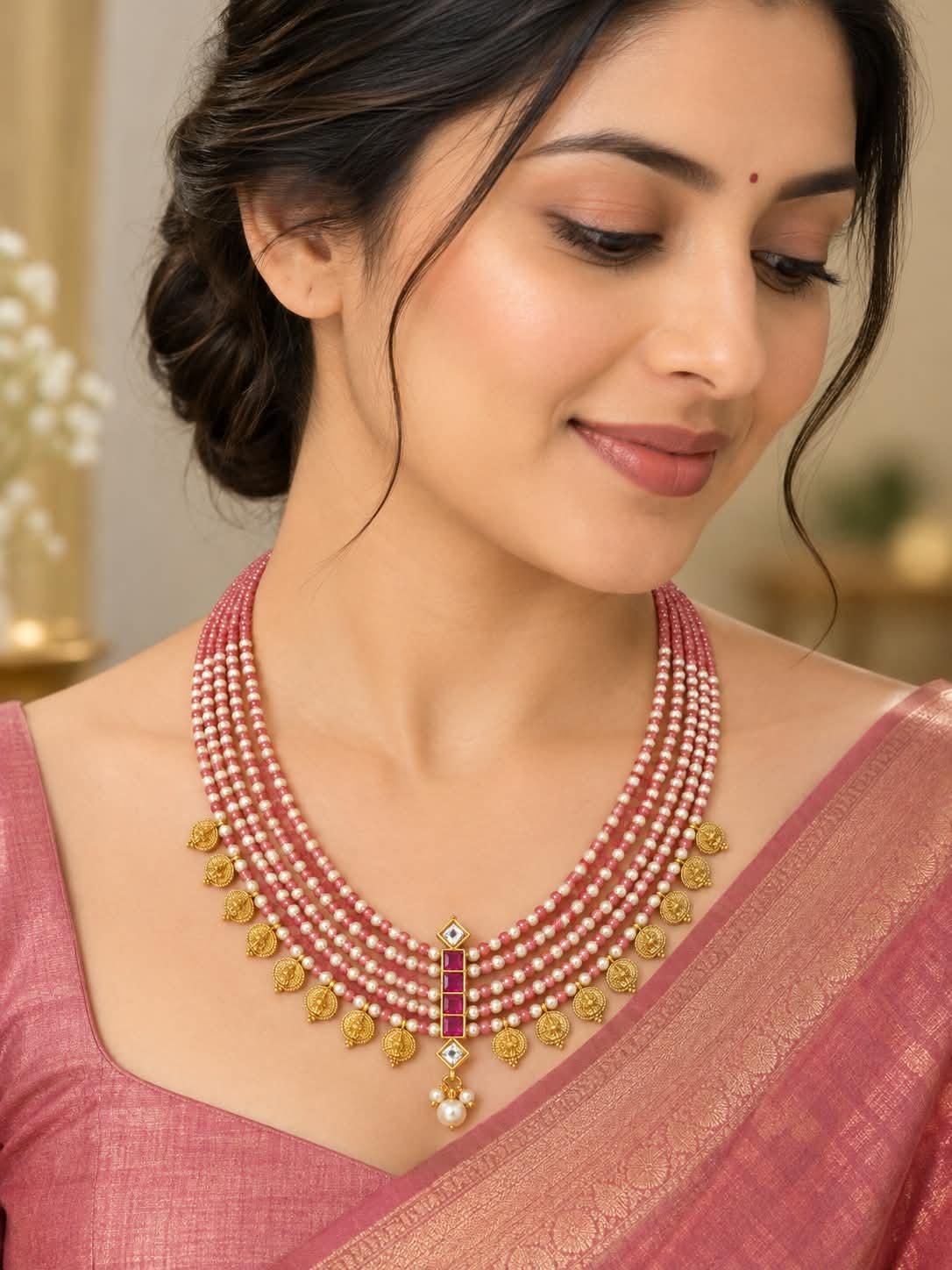 Indian Pearl Beaded Necklace| South Indian Temple Coin Kasu Mala| Gold Tone Ruby Pink Stone Layered Choker| Traditional Wedding Jewelry