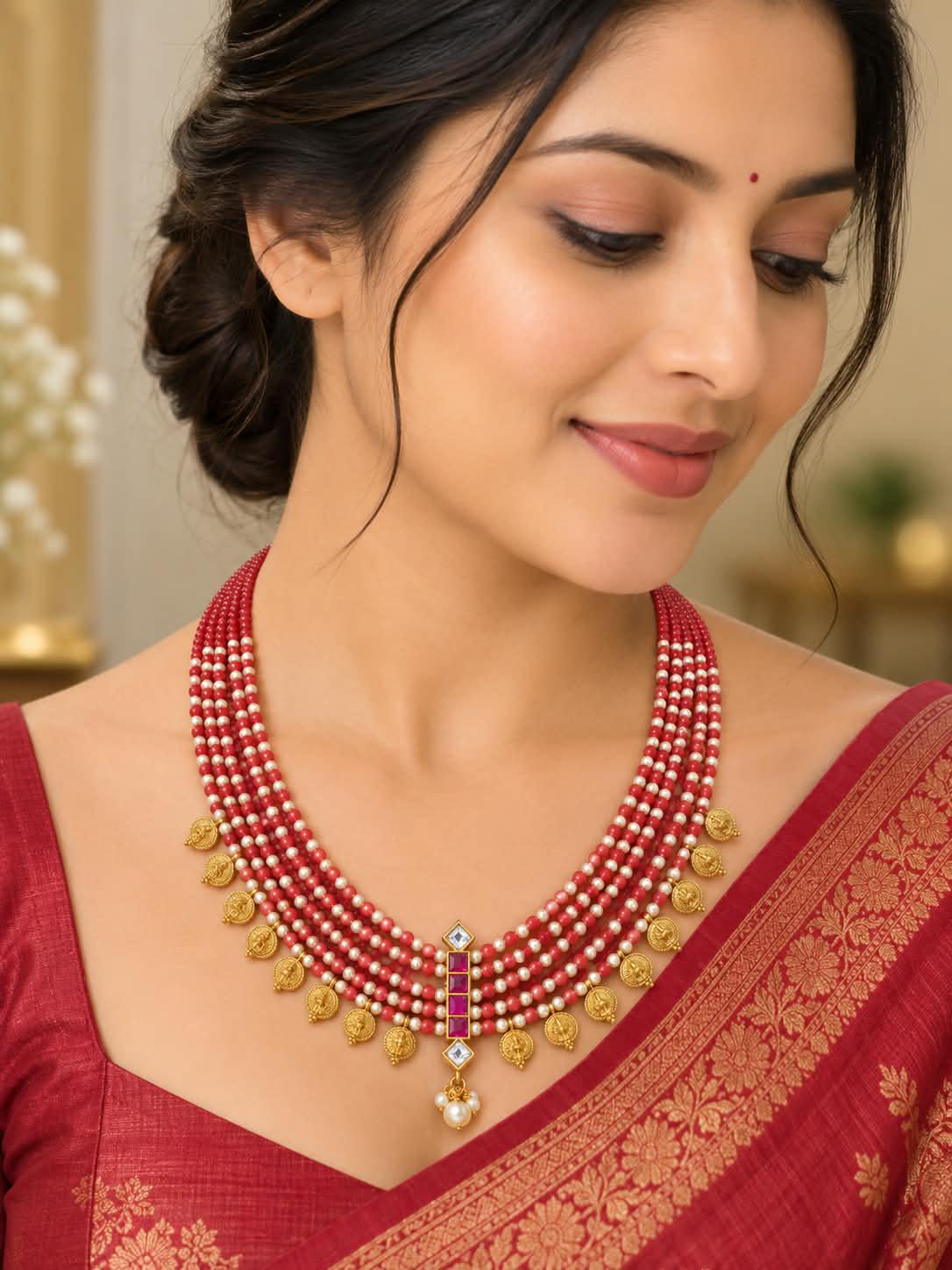 Indian Pearl Beaded Necklace| South Indian Temple Coin Kasu Mala| Gold Tone Ruby Pink Stone Layered Choker| Traditional Wedding Jewelry