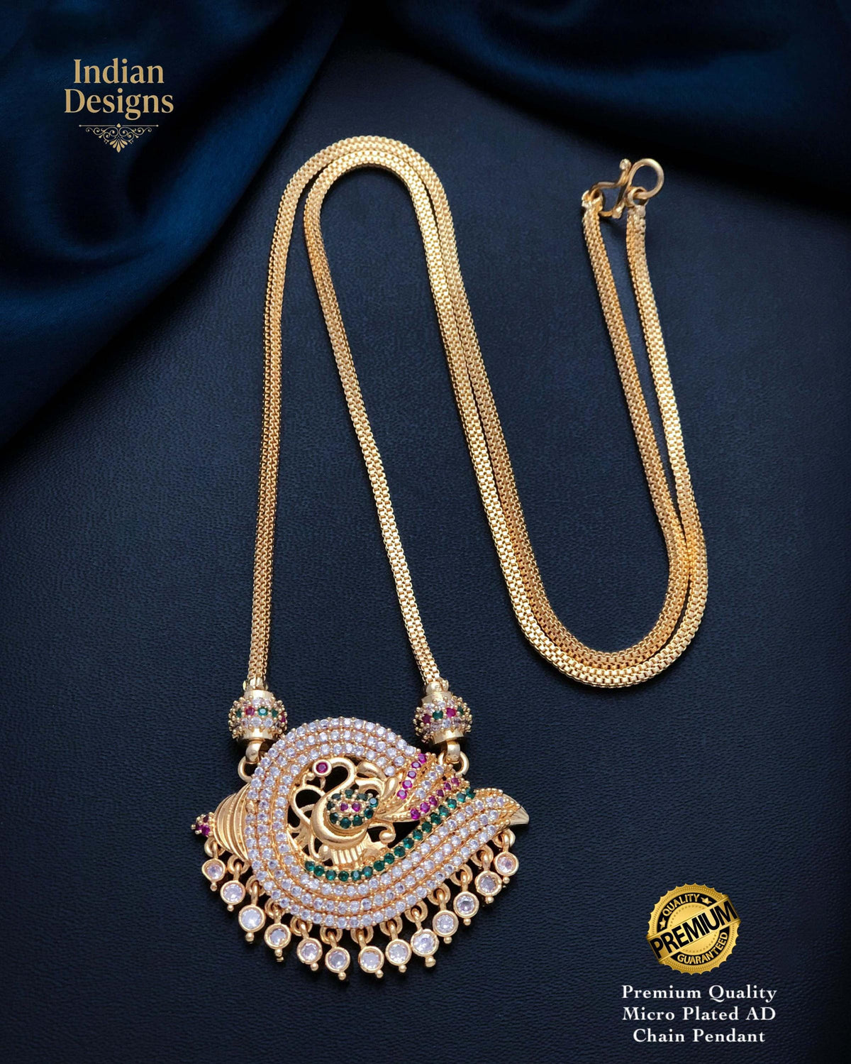Indian Gold Plated Peacock Pendant Chain Necklace| South Indian AD Stone Temple Jewelry| Bridal Ethnic Necklace for Women| Gift for her