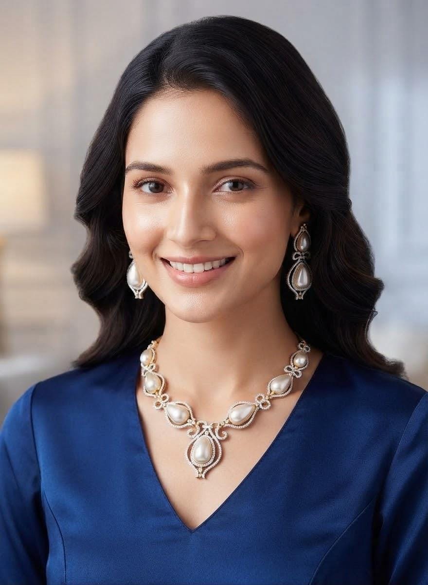 Indian Necklace Set with Pearl Drops| Dual Tone CZ Crystal Bridal Jewelry| Bollywood Wedding Party Choker & Drop Earrings| Gift for her