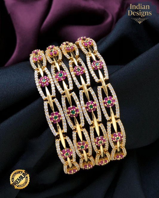 Indian Bangle Set of 4| Gold Tone Ruby Green Stone Bangles| American Diamond CZ Floral Kadas| Traditional Wedding Jewelry| Gift for her