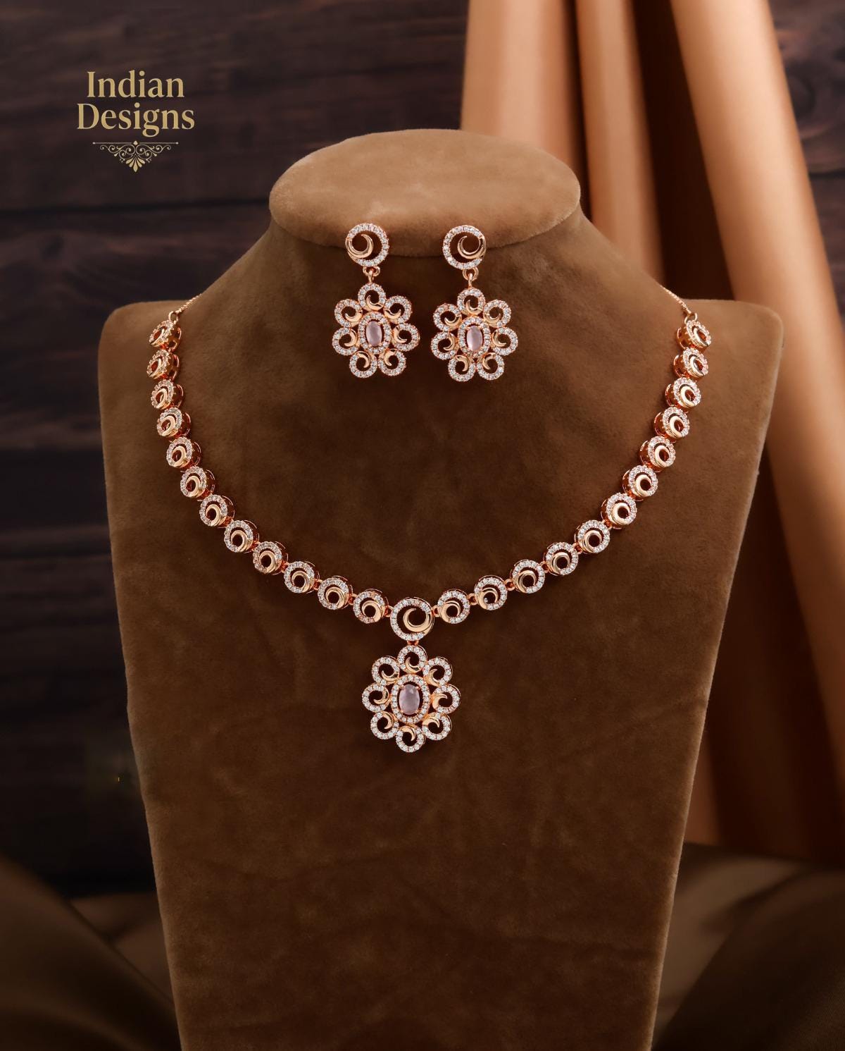 Rose Gold Tone AD Floral Pendant Necklace & Earrings| Indian CZ Necklace Set| Western Wedding Guest Jewelry| Festive Party Wear|Gift for her