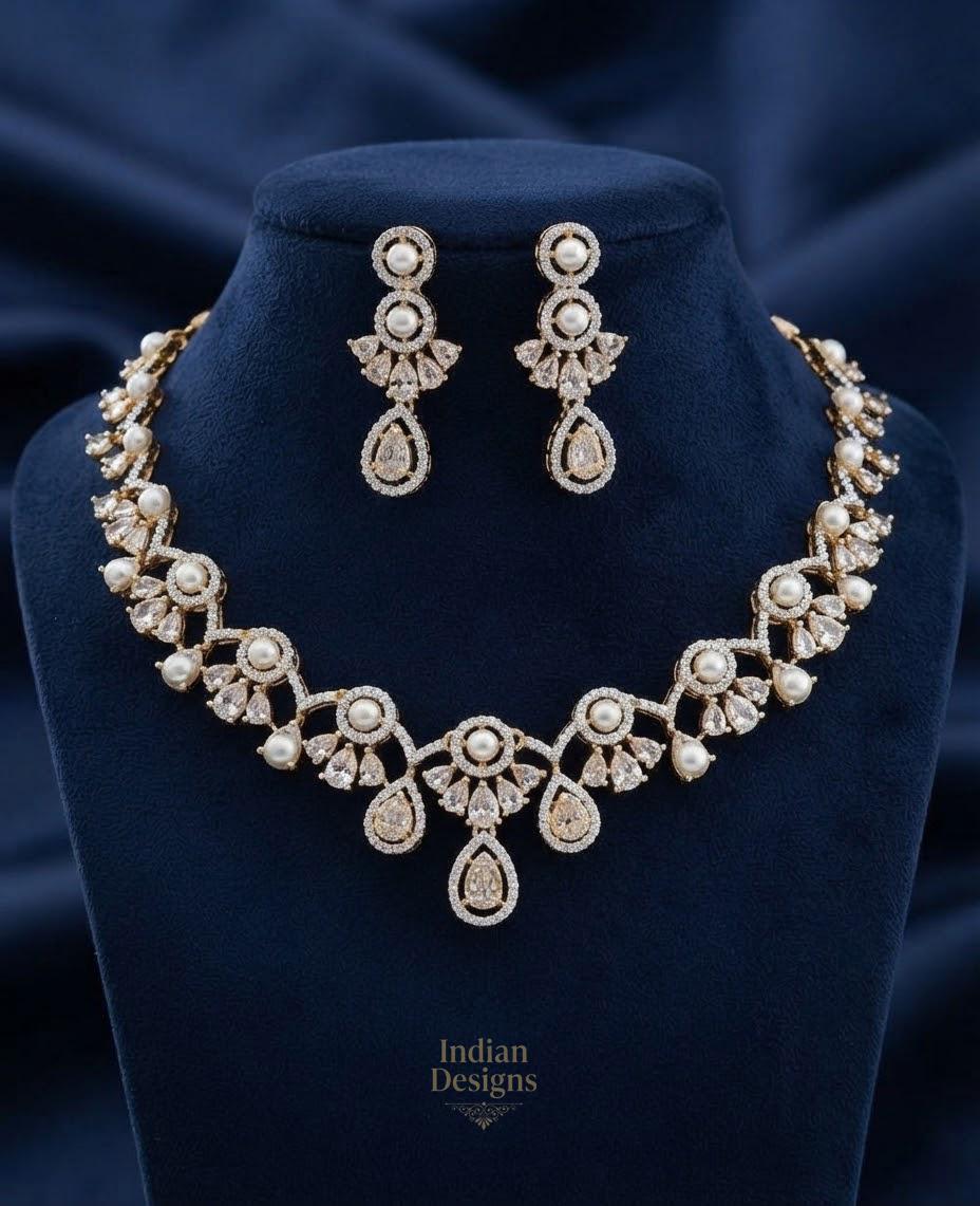 CZ Pearl Choker Necklace with Earrings| Indian Necklace Set| Bridal Jewelry| ad jewelry set| wedding guest jewelry| Gift for her