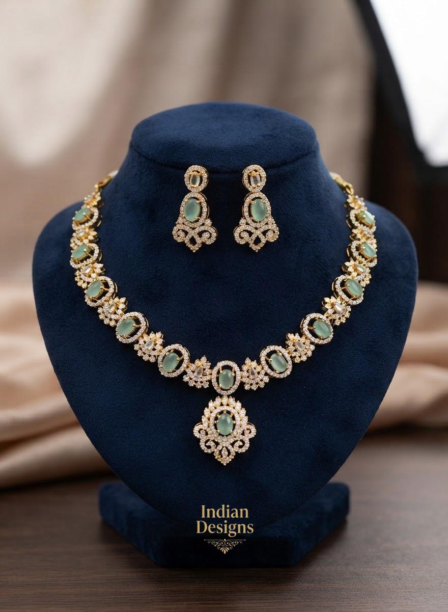 Indian CZ Necklace Set with Earrings| Gold Tone American Diamond Choker Necklace| South Indian Wedding Jewelry| Bridal Party wear choker set