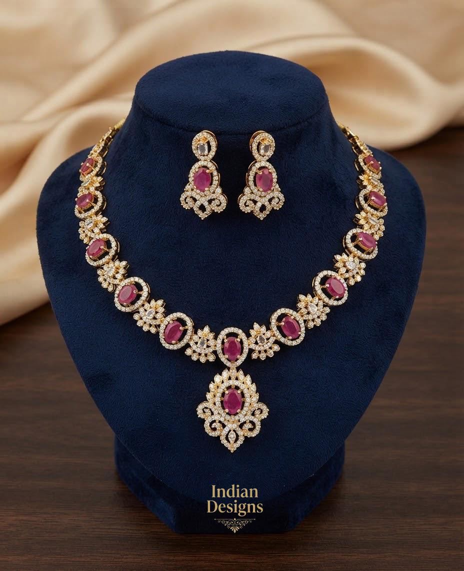 Indian CZ Necklace Set with Earrings| Gold Tone American Diamond Choker Necklace| South Indian Wedding Jewelry| Bridal Party wear choker set
