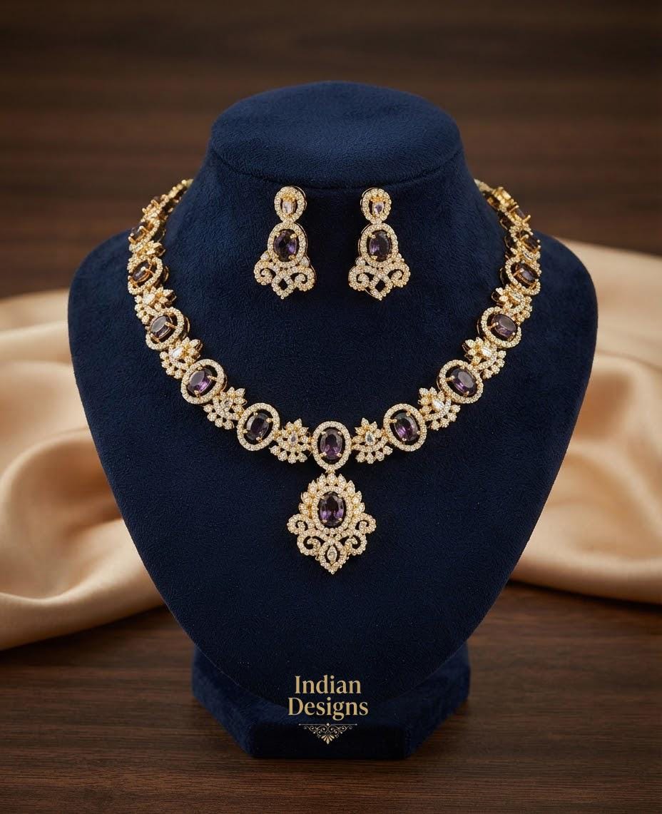 Indian CZ Necklace Set with Earrings| Gold Tone American Diamond Choker Necklace| South Indian Wedding Jewelry| Bridal Party wear choker set