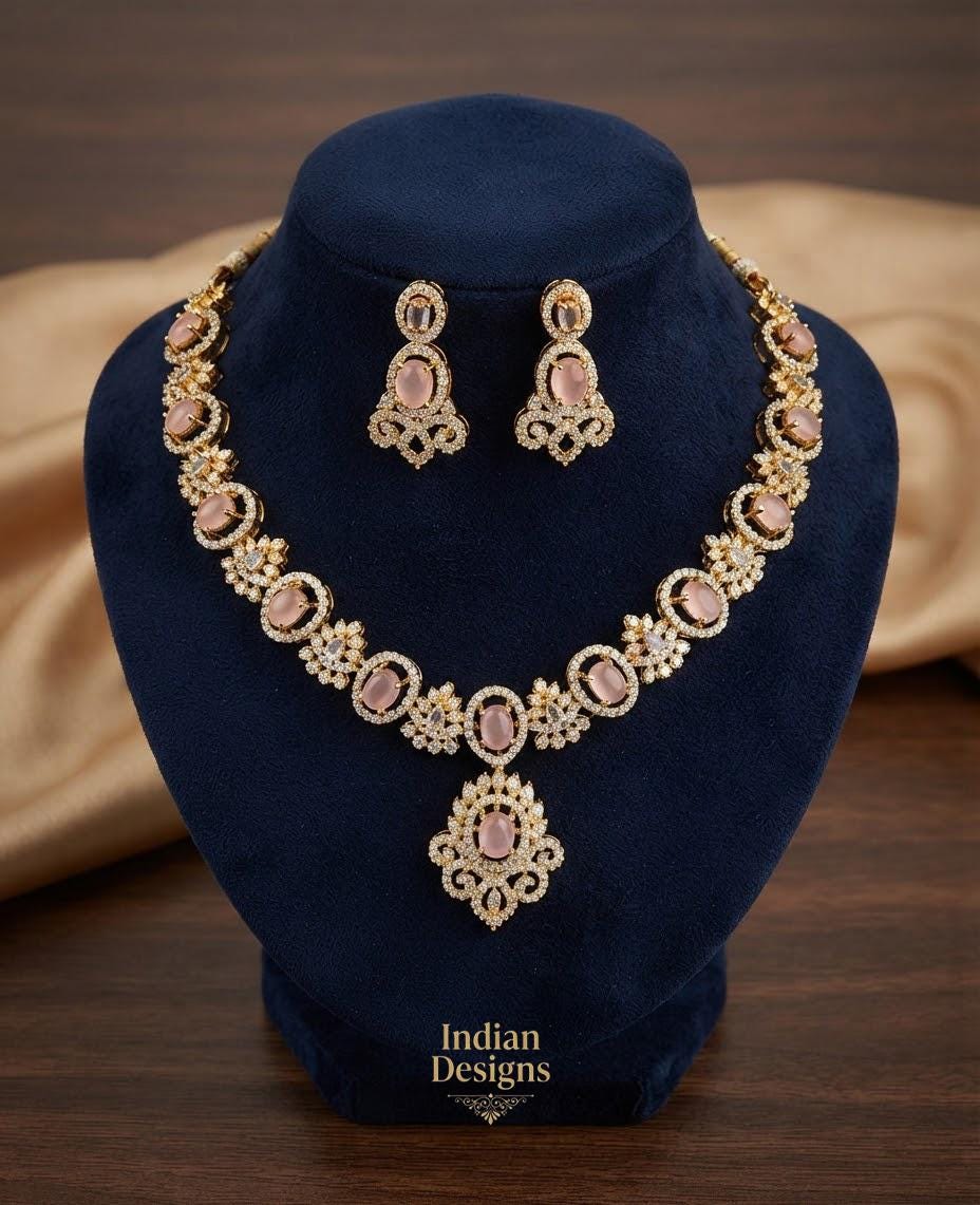 Indian CZ Necklace Set with Earrings| Gold Tone American Diamond Choker Necklace| South Indian Wedding Jewelry| Bridal Party wear choker set