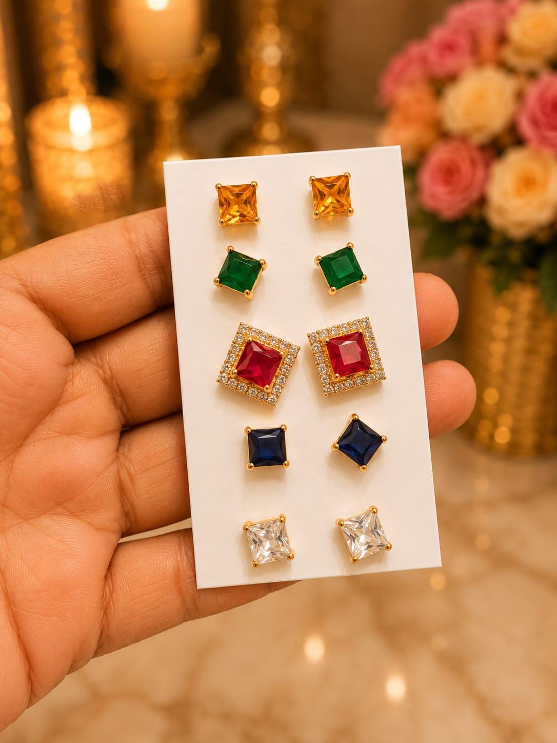 5 Pairs Gold Tone Stud Earrings Set| Changeable Multicolor CZ American Diamond Studs| Dainty Indian Ethnic Everyday Jewelry| Gift for her