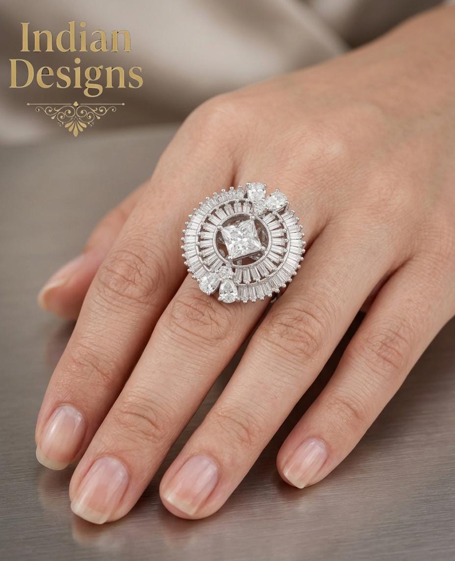 Silver Tone Cocktail Ring| Indian Statement Ring| Baguette CZ Sunburst Ring| Big Ethnic Party Ring| South Asian Wedding Guest Jewelry